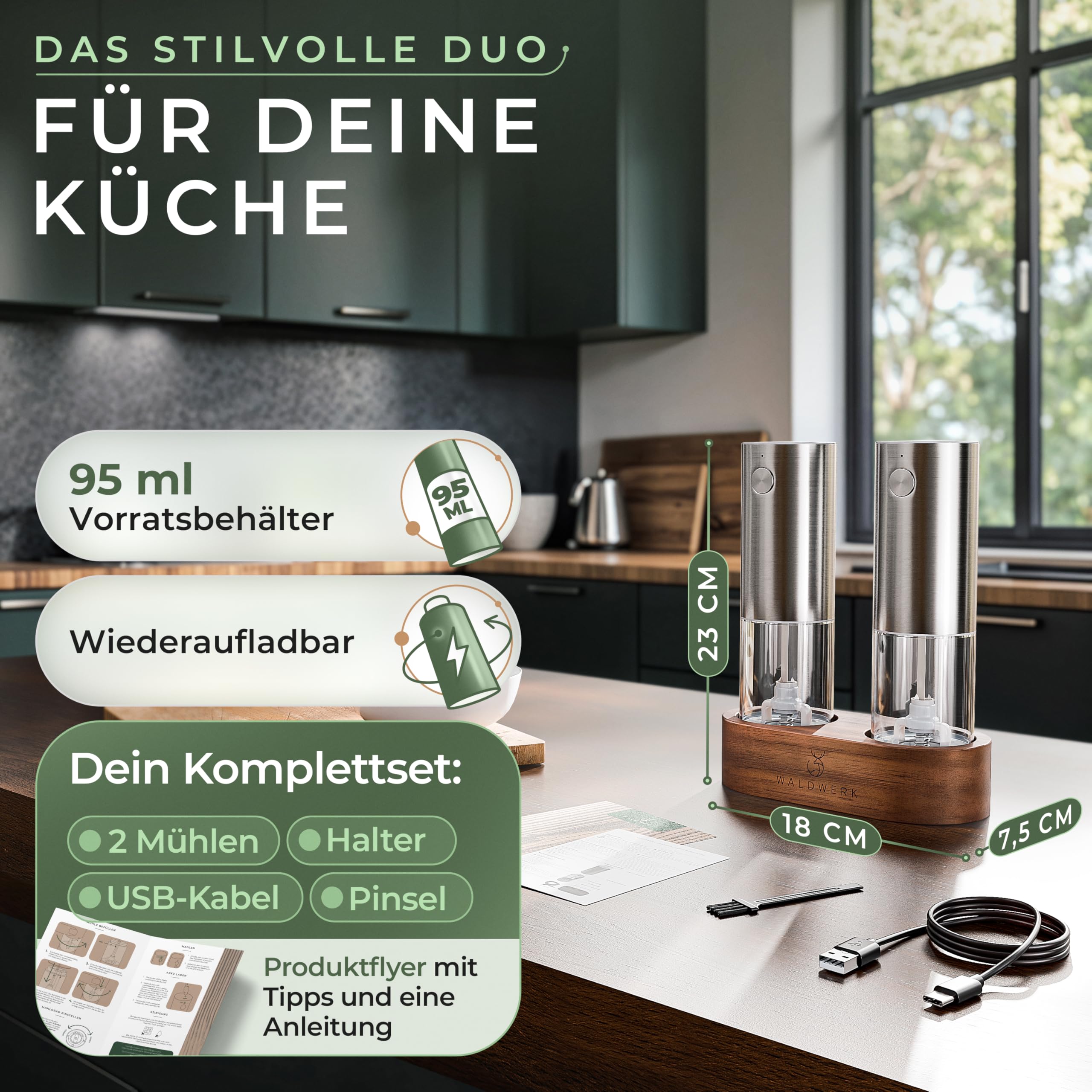 WALDWERK Elektrische Salz- und Pfeffermühle (300 mAh Akku) - Edle Akazie-Halterung - Elektrische Mühle für Salz und Pfeffer