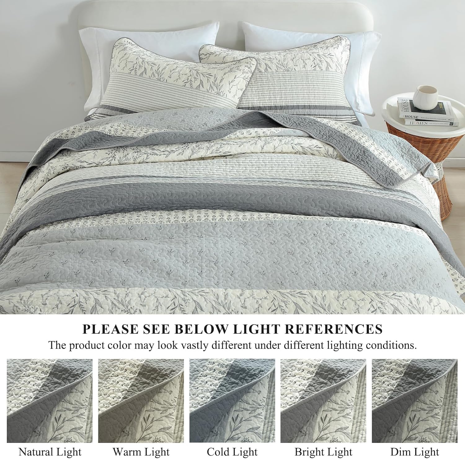 Quilt Queen Size - Gray White Quilt Set with Matching Shams, Vintage Floral Design Farmhouse Bedding Bedspread, 3 Pieces 100% Cotton Lightweight Coverlet Home Decor for All Season
