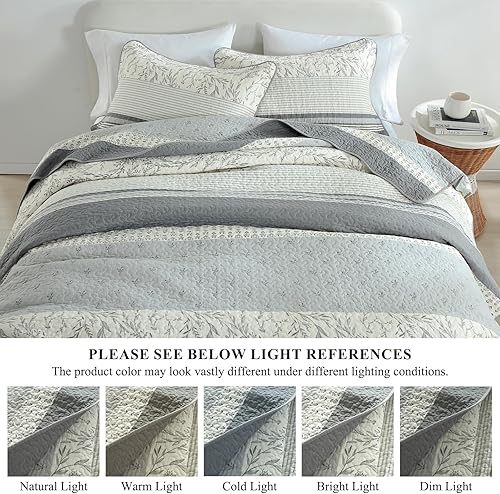 Miniatura 7 de Colcha tamaño King Juego de edredón gris y blanco con fundas a juego, colcha de diseño floral vintage, colcha de 3 piezas 100% algodón, ligera,