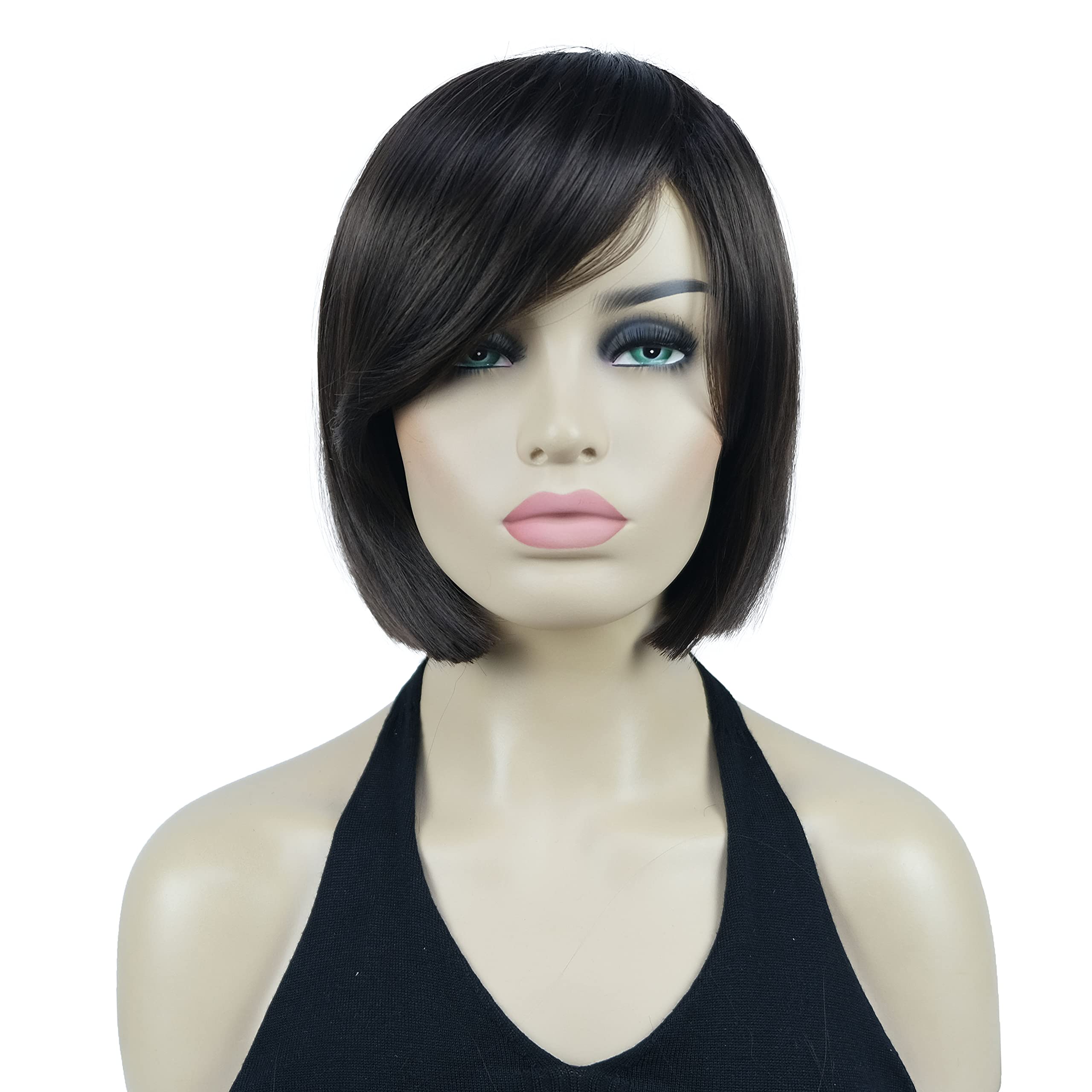 Lydell 8" Straight Short Wigs Bob Hair with Bangs Cute Central Dot Top Heat Resistant Synthetic Wigs (Chestnut Brown)