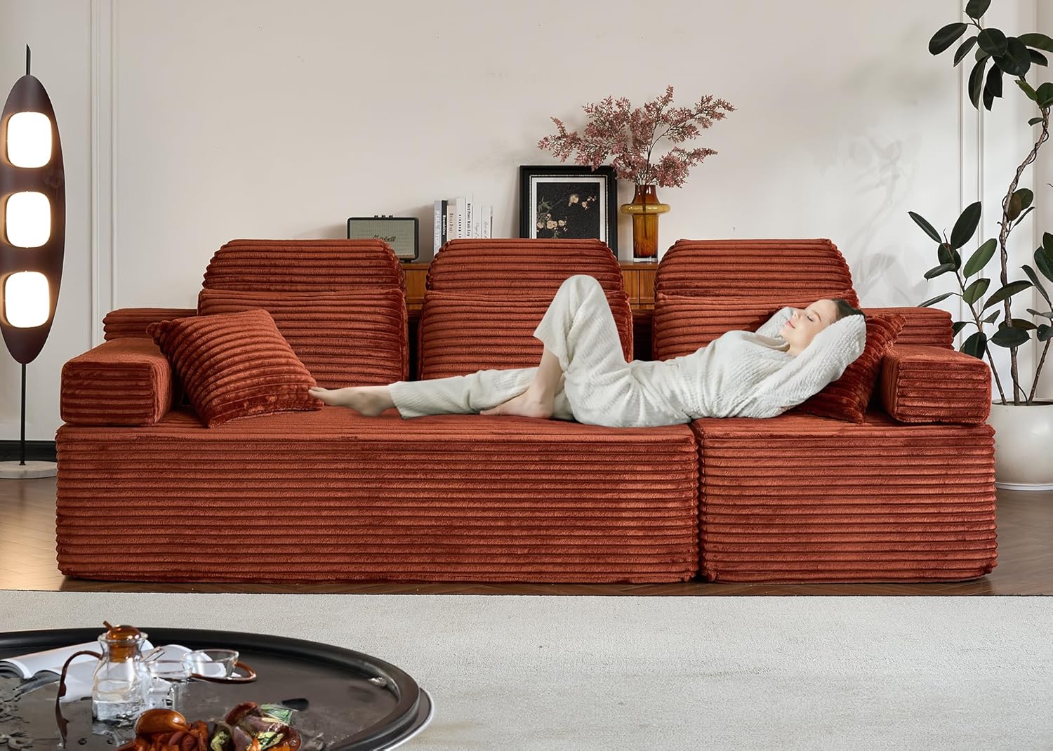 101-inch Sectional Couch, 3 Seater Oversized Modular Cloud Comfy Corduroy Memory Foam Fluffy Deep Seat Floor Compressed Sofa Couch with Pillows for Living Room Office Apartment, Orange