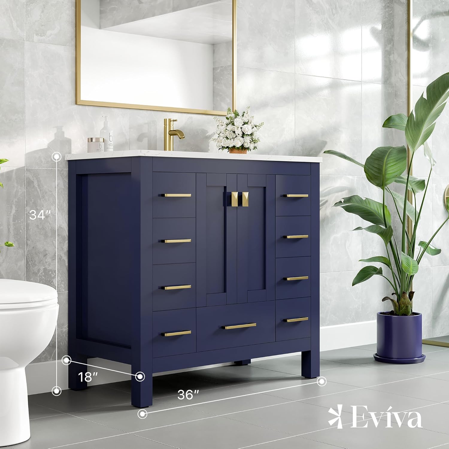 Eviva Hampton 36 in. Blue Single Sink Bath Vanity with Carrara Quartz Top and Undermount Porcelain Sink