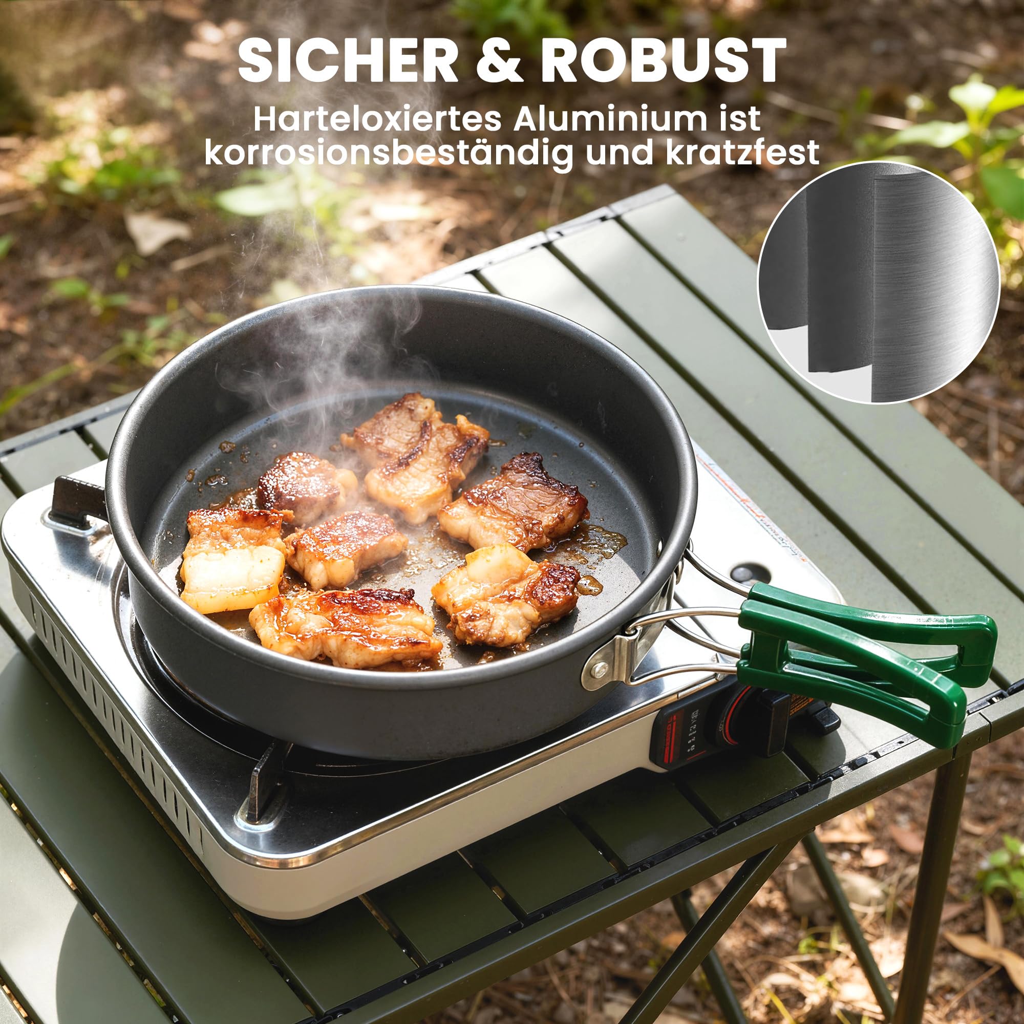 Outsunny Camping Kochgeschirr Set mit Anti-Verbrühungsgriffen Topf Grau | 5-Teiliges Outdoor Geschirr, Pfanne, Tragbares Kochtopf Set, für 4-5 Personen, für Outdoor Wandern Picknick BBQ