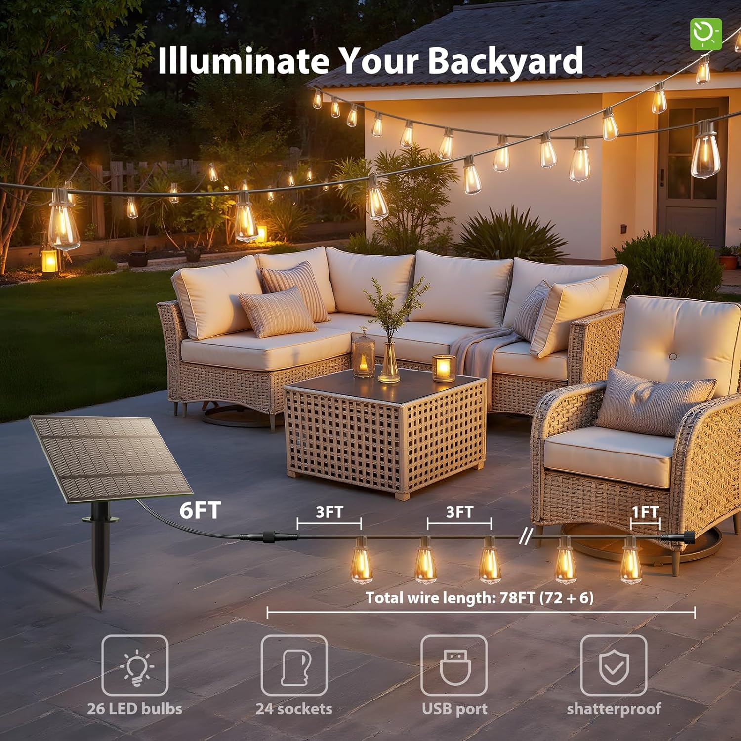 KYY 78FT(72+6) Solar String Lights Outdoor with USB Port Remote Control, LED Waterproof Solar Powered Patio with 24 Sockets, Heavy-Duty and UL Listed Porch Market Lights