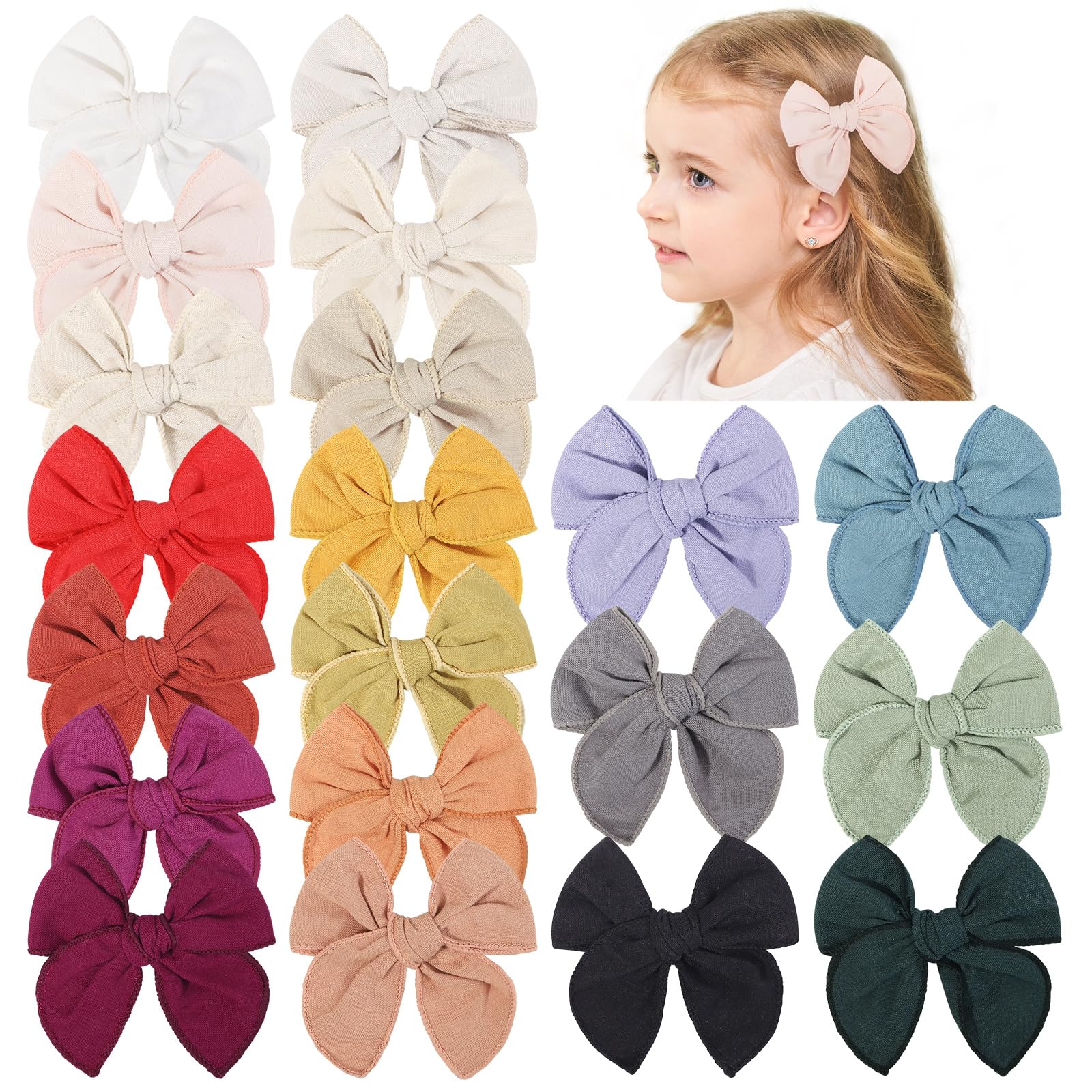 Choicbaby 20PCS Hair Clips with 3.2 Inch Fully Lined Cotton Linen Bows and Clips for Toddlers, Kids, and Baby Girls