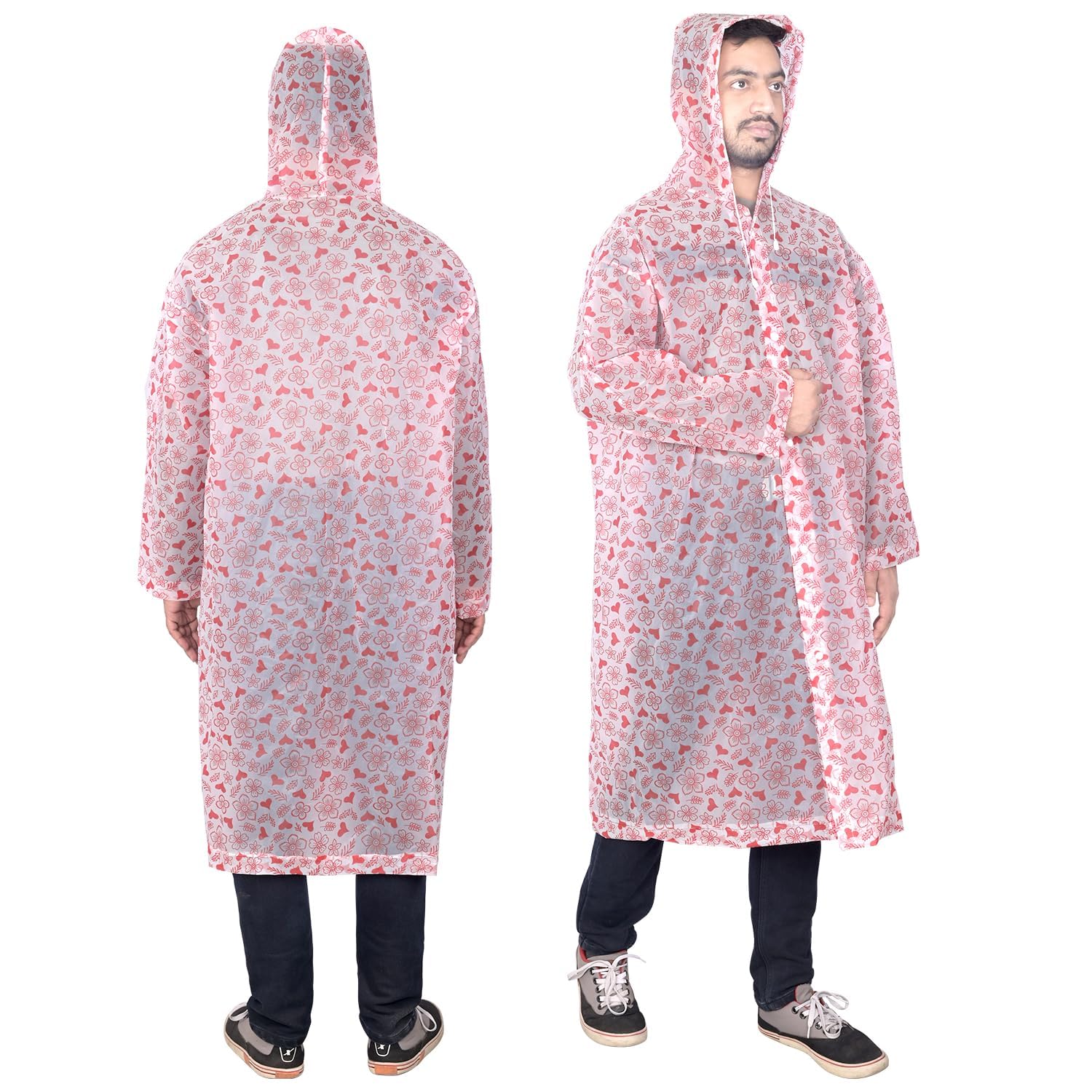 Hacer EVA Rain Poncho rain coat for Men & Women Lightweight Waterproof Raincoat with Hood Adjustable Drawstring & Snap Button Closure Reusable Outdoor Rainwear for Boys & Girls (Free Size-Red Printed)