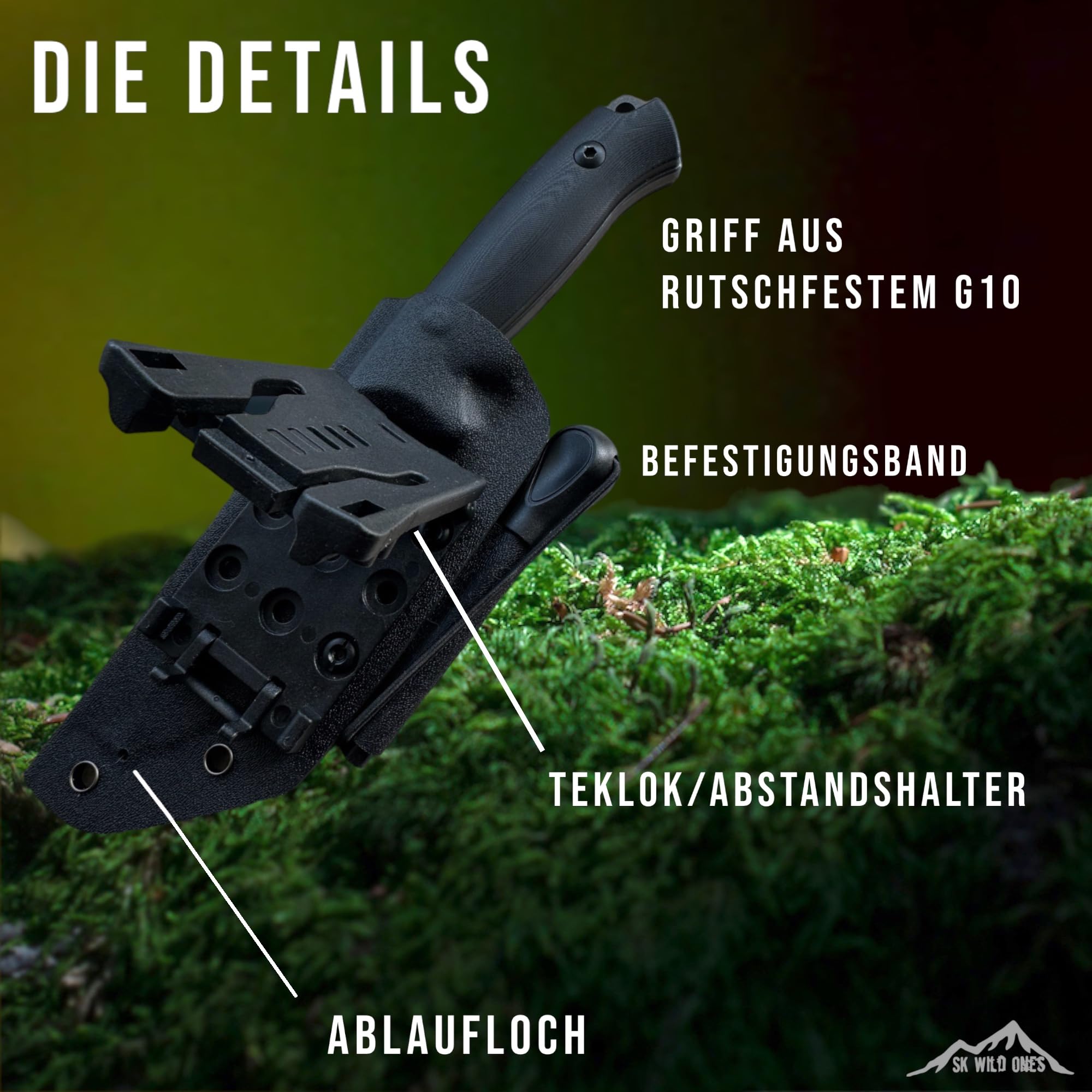 SK Wild Ones® Outdoor - Messer mit feststehender Klinge - Outdoormesser mit G10-Griffschalen - Feststehendes Outdoormesser aus D2-Stahl für Camping Loki