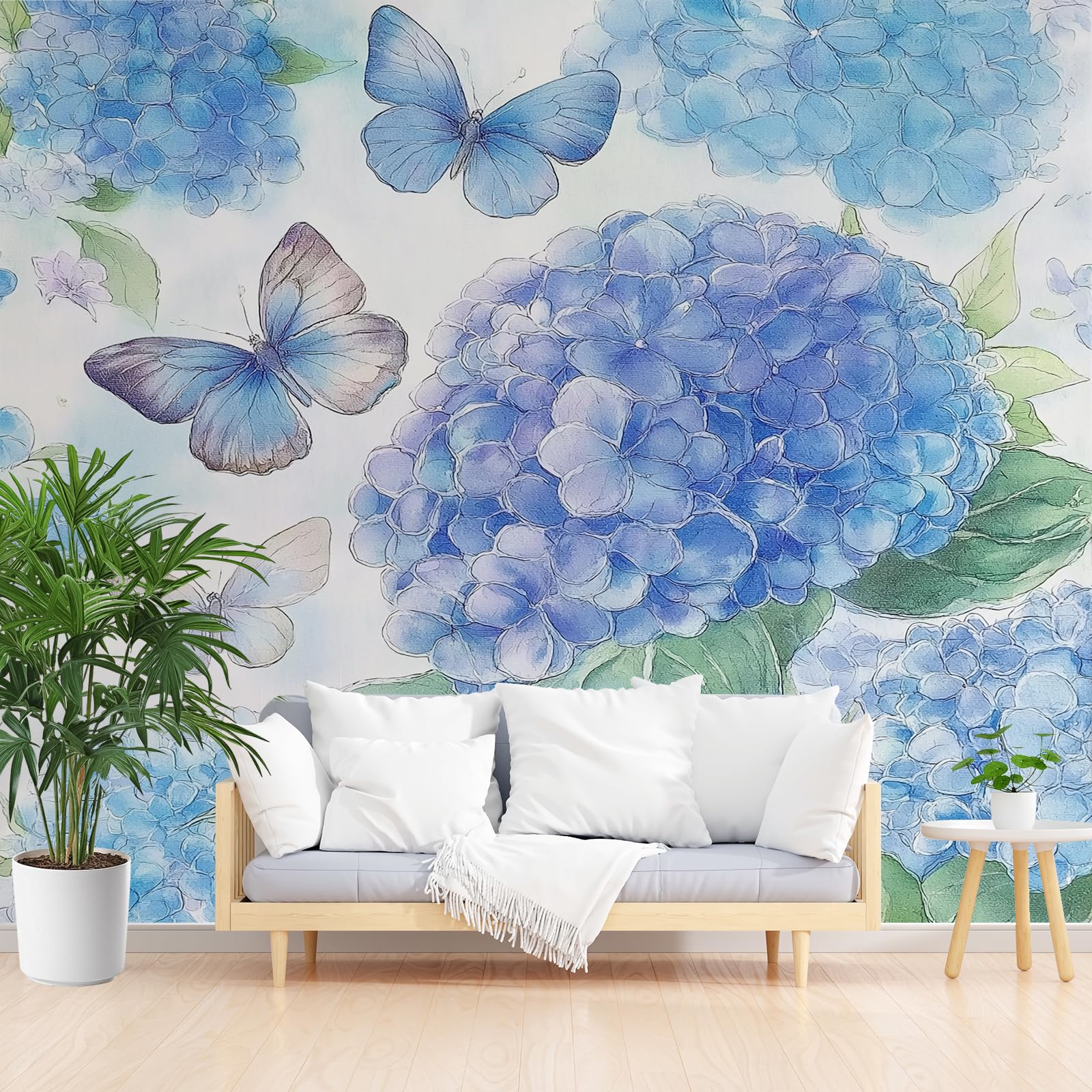 Papier peint panoramique salon bleu avec hortensias et papillons décor mural 350 cm