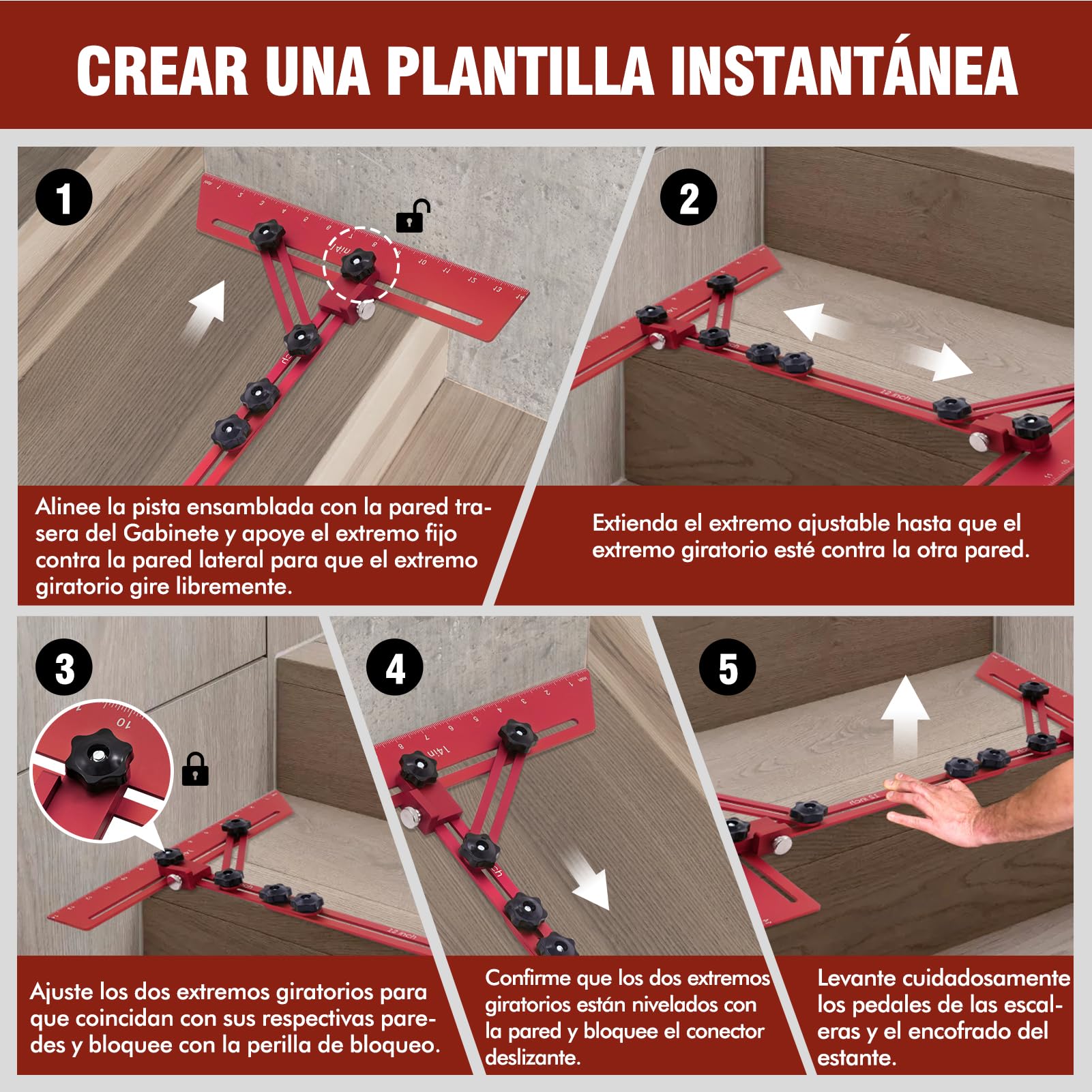 Herramienta de Plantilla para Peldaños de Escalera, Herramientas Medición Escaleras con Barras Soporte Auxiliares y Bolsas Almacenamiento, para Soporte Escaleras Tabiques (Ajustable 10,5 a 60,5 In)