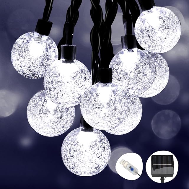 UpgradeUSB/Solar PoweredHalloween Solar Fairy Lights Garden Lights Outdoor,50LED 8M/26Ft & IP65 Waterproof Fairy Lights,Crystal Ball String Lights for Tree, Patio, Yard, Party, Halloween Decoration