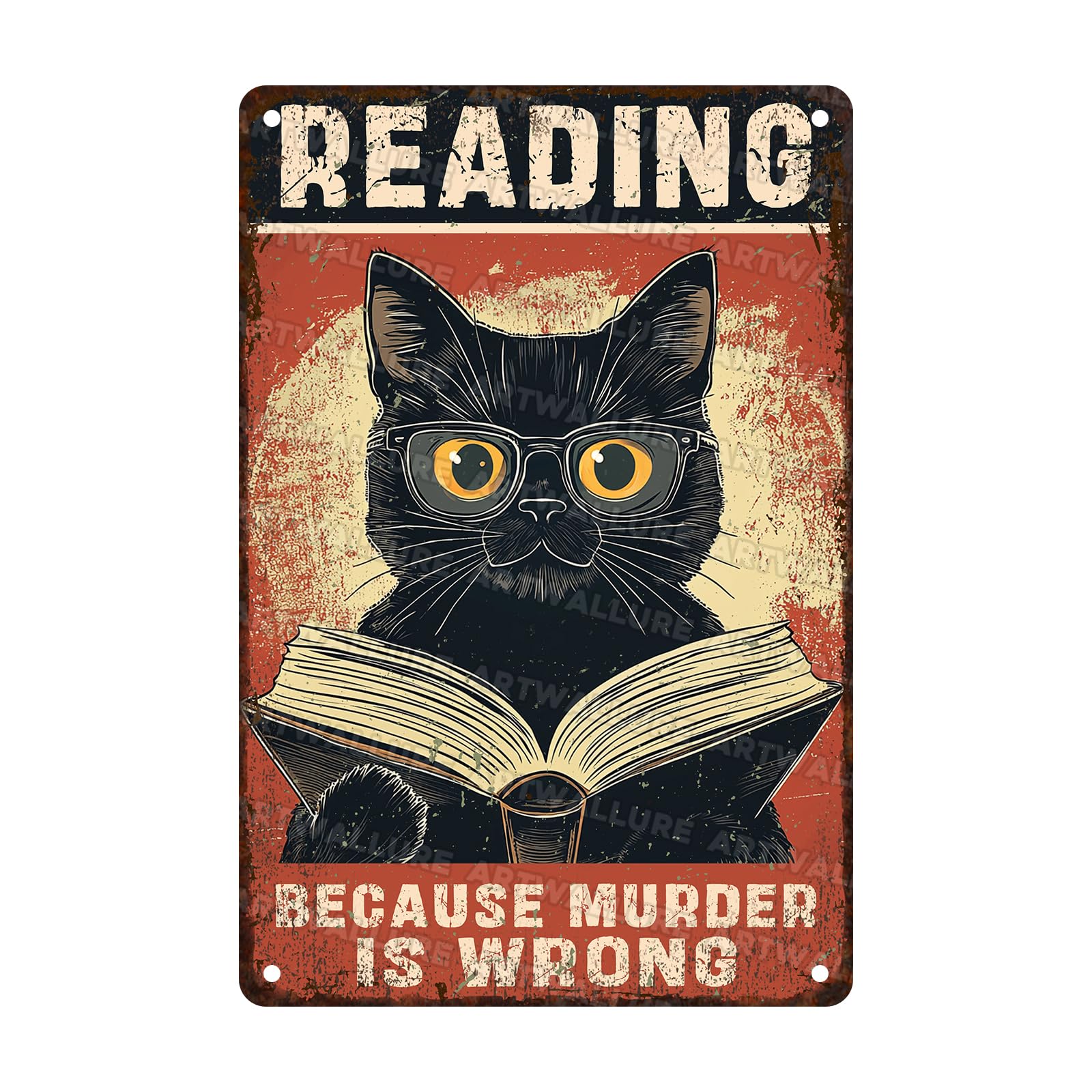 Black Cat Reading Sign Funny Cat Wall Decor Reading Because Murder is Wrong Art Plaque for Home Study Library Living Room Bedroom 8x12inch