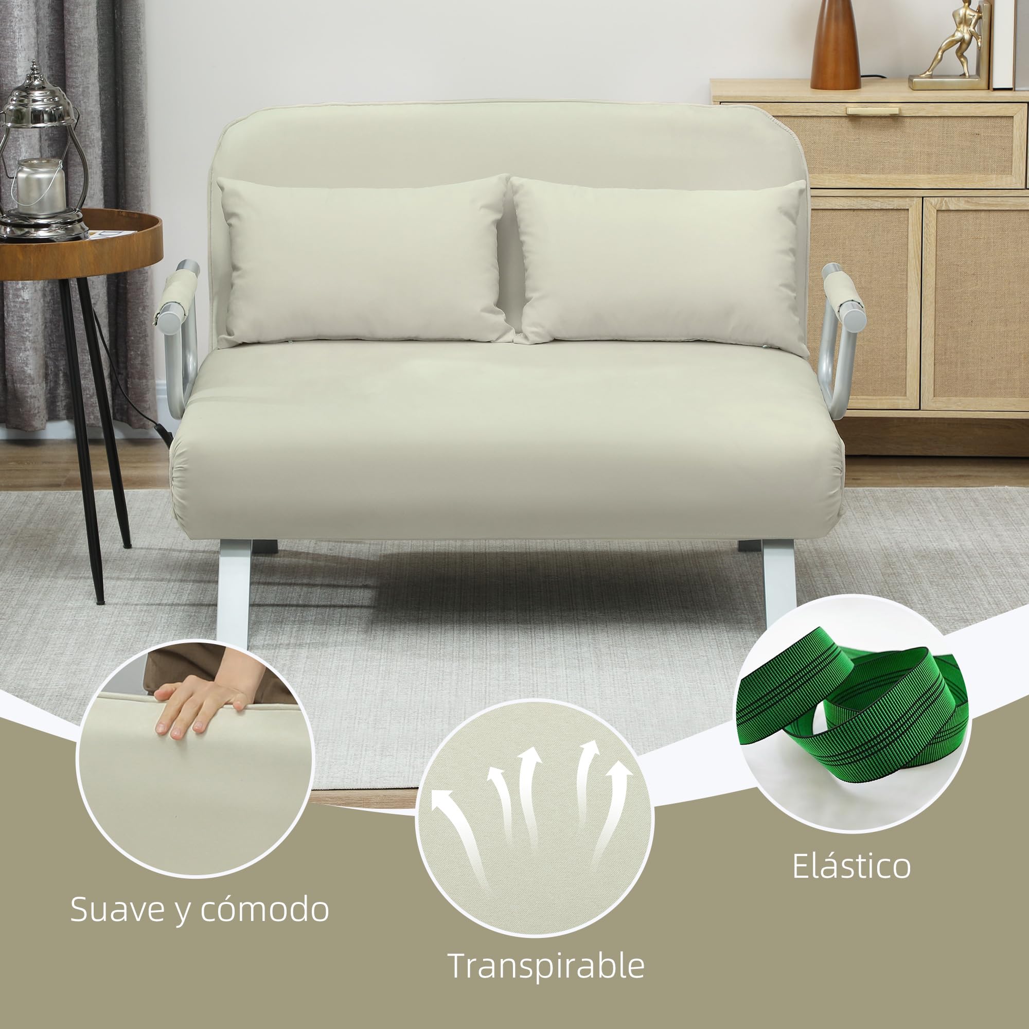 HOMCOM Sofá Cama de 2 Plazas 3 en 1 Sofá Cama Plegable Tapizado en Ante Sintético con Respaldo Ajustable de 5 Niveles y 2 Almohadas Acolchadas para Oficina Dormitorio Salón 111x80x78 cm Crema