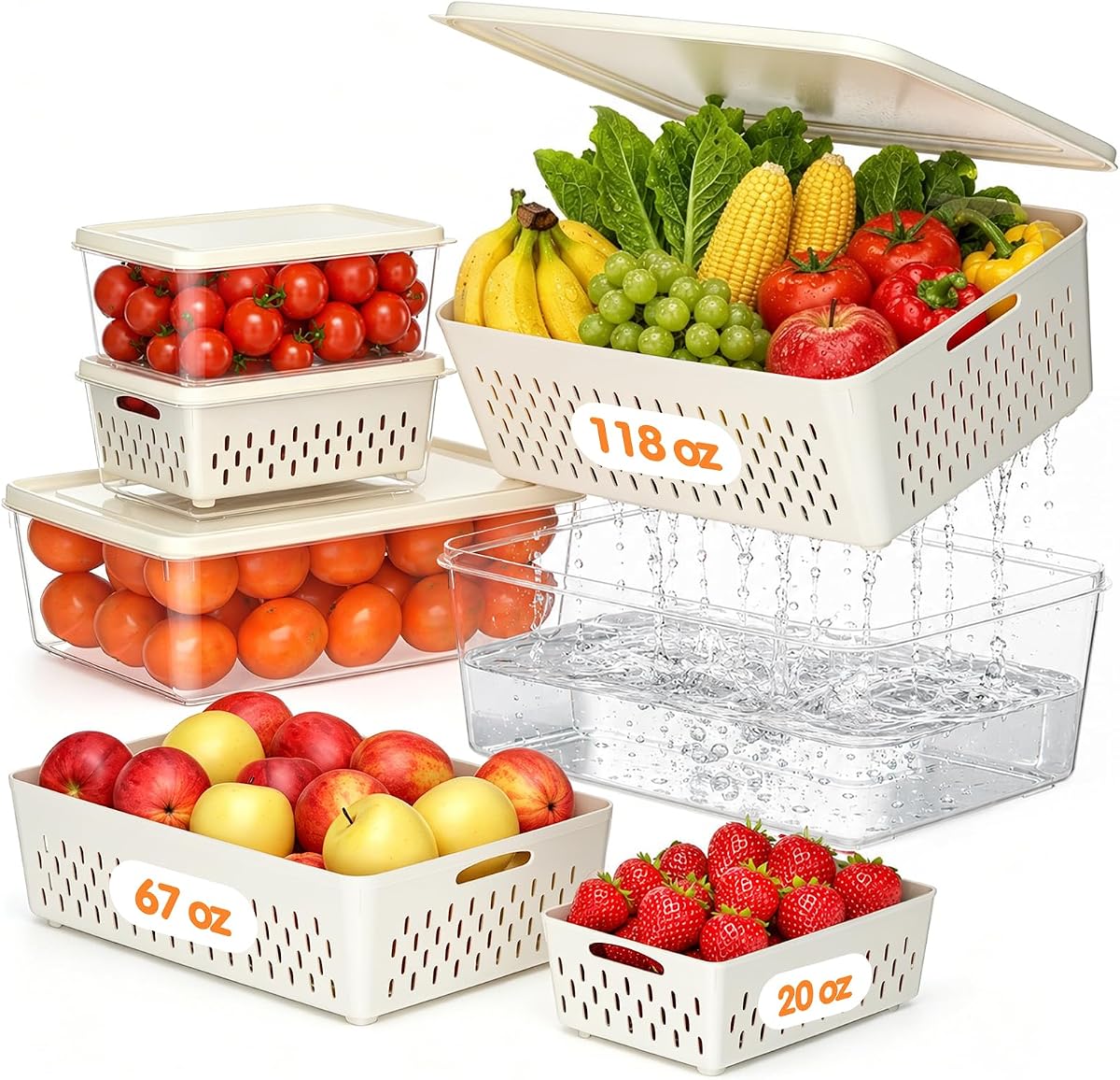 Contenedores de almacenamiento de frutas para refrigerador, paquete de 4 contenedores de almacenamiento de alimentos de plástico | Juego de recipientes para frutas con colador extraíble, protector de productos para mantener las frutas y verduras frescas durante más tiempo, apto para lavavajillas