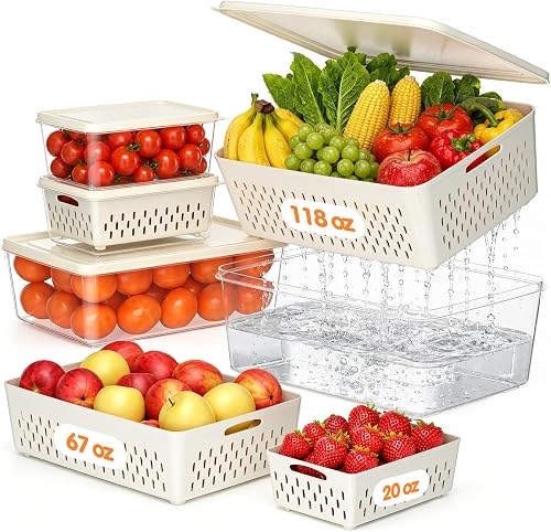 JSCARES Fruit Storage Containers for Fridge with Soft Lid - 4 Pack Food Storage Container with Removable Colander, Airtight Produce Saver Containers Keep Berry, Fruits, Vegetables, Meet Fresh Longer