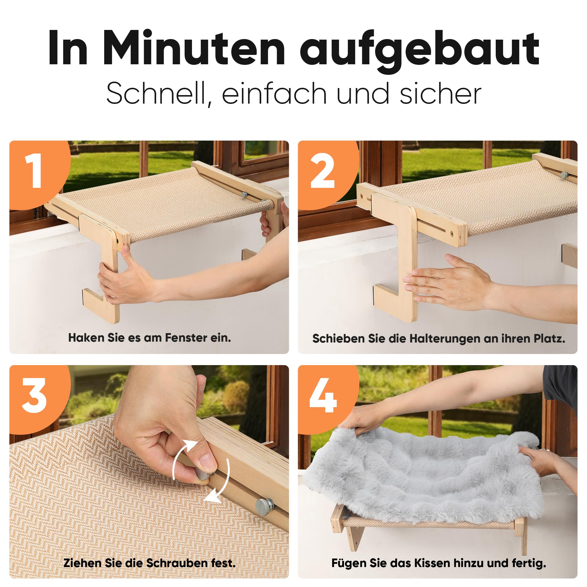 FUKUMARU Katzen Hängematte Fenster Katzenbett Fensterbank für Katzen, Fensterliege mit weichem Kissen, verstärkter Holz- und Metallstruktur, umbaubare Hängematte, Tragkraft bis 20 kg