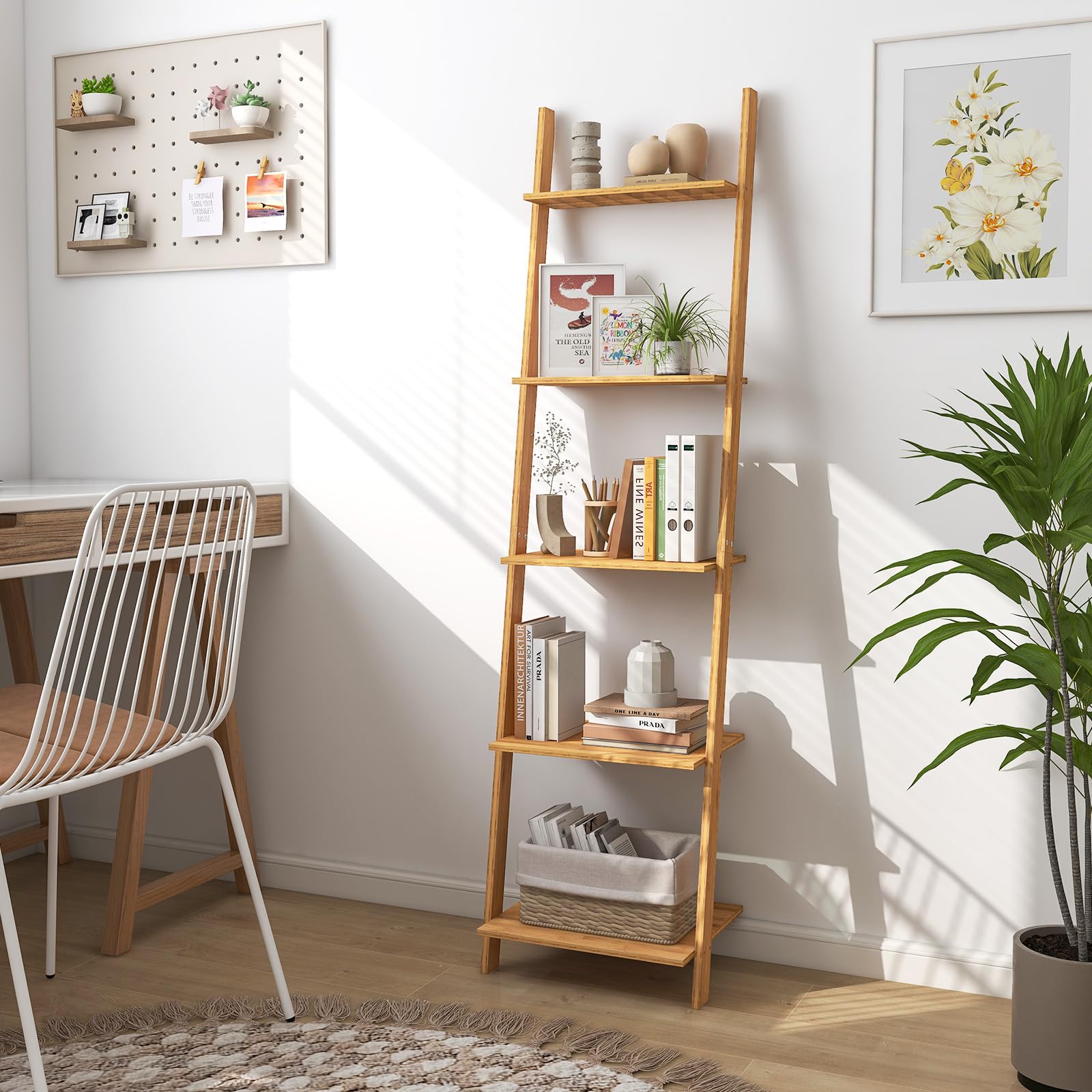 GIANTEX Leiterregal Bambus, Standregal Bücherregal 5 Ebenen | Wandlehnregal Treppenregal Pflanzenregal für Wohnzimmer Bad Küche, 43 x 35 x 165 cm, Natur