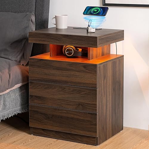 Miniatura 16 de HOMMPA - Mesita de noche LED con estación de carga inalámbrica y puertos USB, mesa de noche moderna, mesita de noche de 3 cajones con compartimento