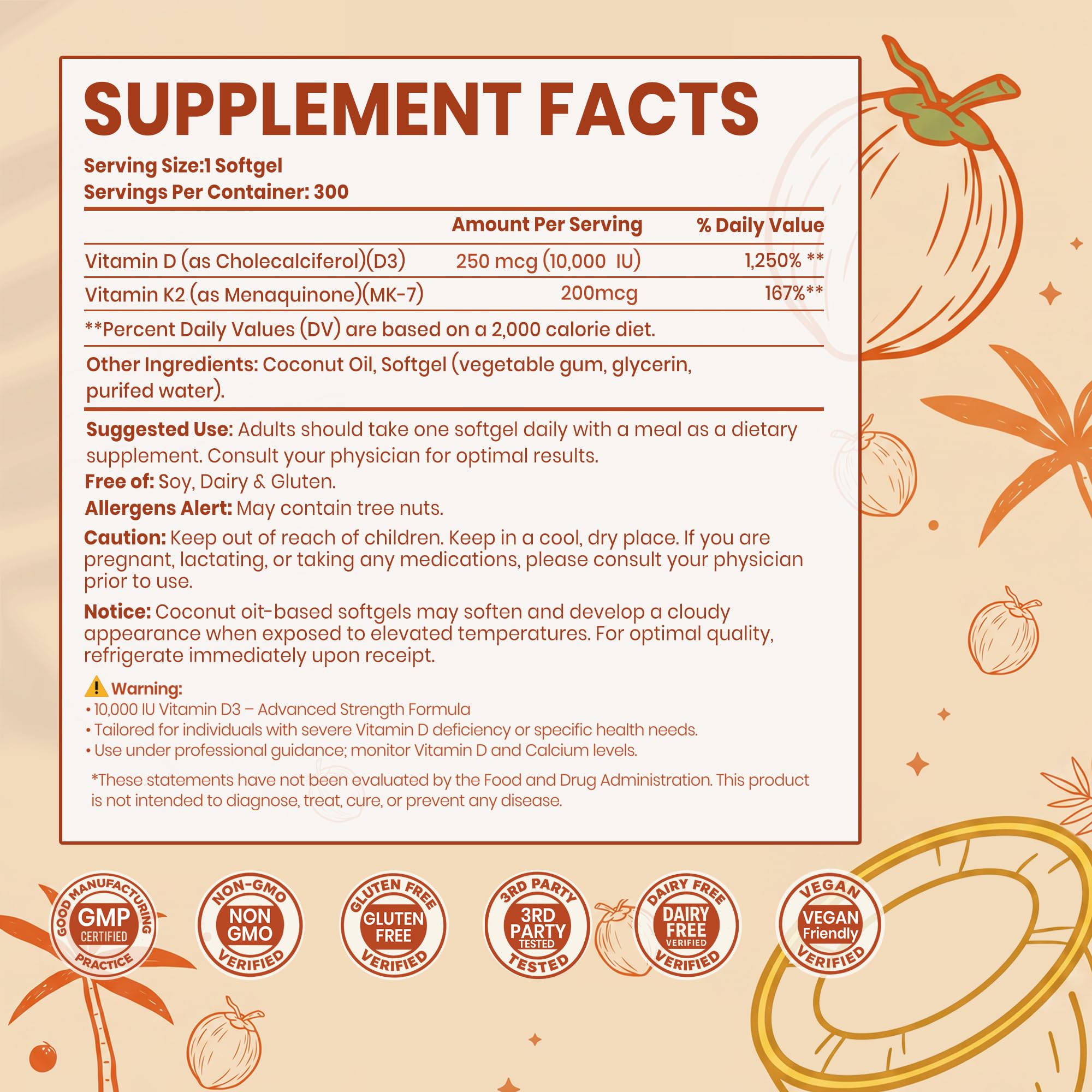 VEV Vitamin D3 K2 10,000 IU, 200 mcg K2, 300 Coconut Oil Softgels — Amazon image 2