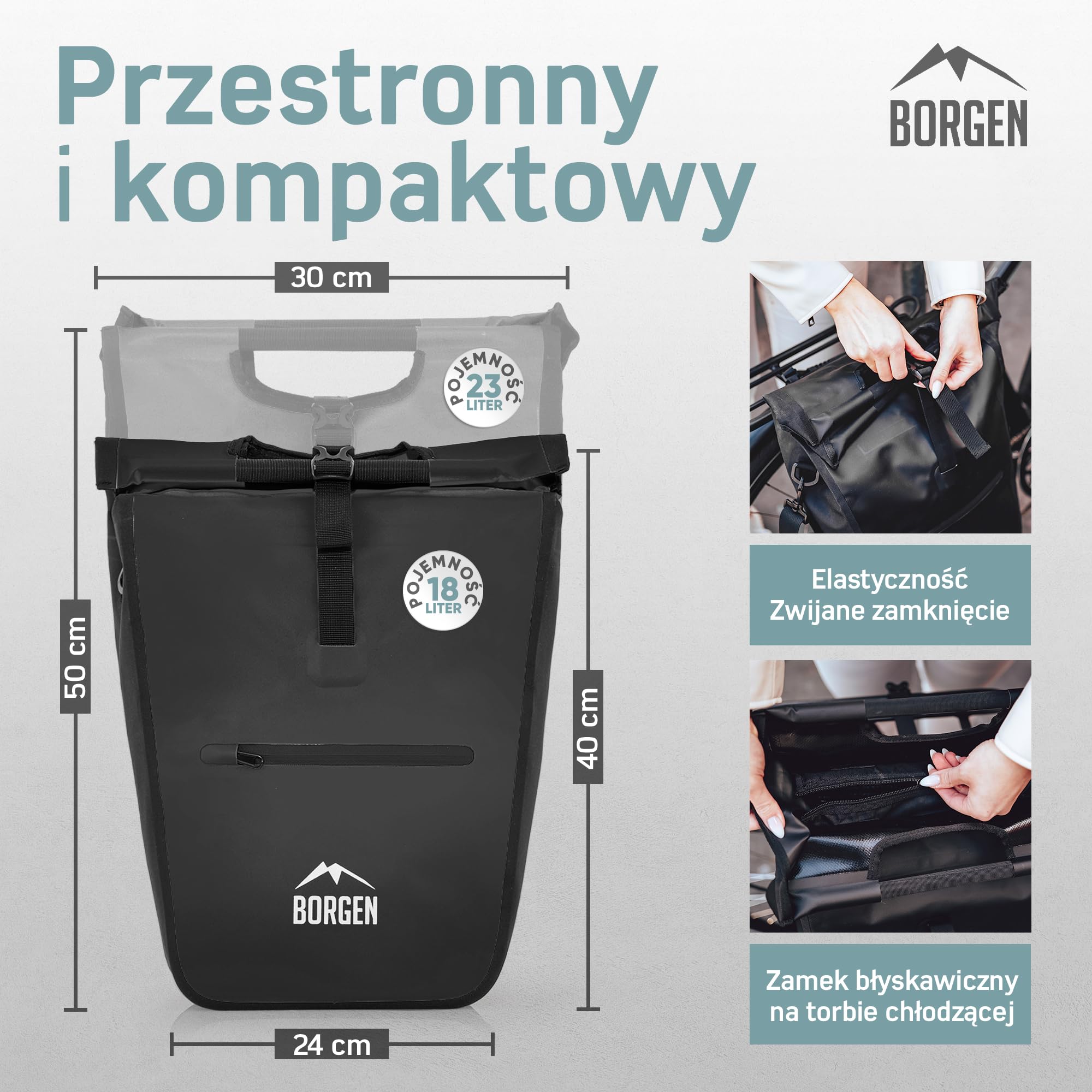Borgen rower torba na zakupy do bagażnika z wyjmowanym wkładem chłodzącym – Może być stosowana jako sakwa, torba rowerowa, torba na bagażnik 23 litry