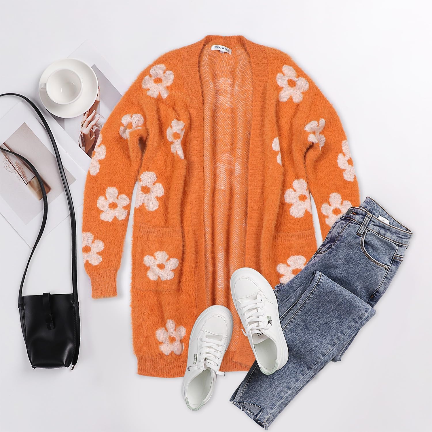 ECOWISH Women Cardigan Sweaters Long Floral Striped Winter Fall Long Sleeve Open Front Cozy Knitted Daisy Fuzzy Coats Outwear - Image 8