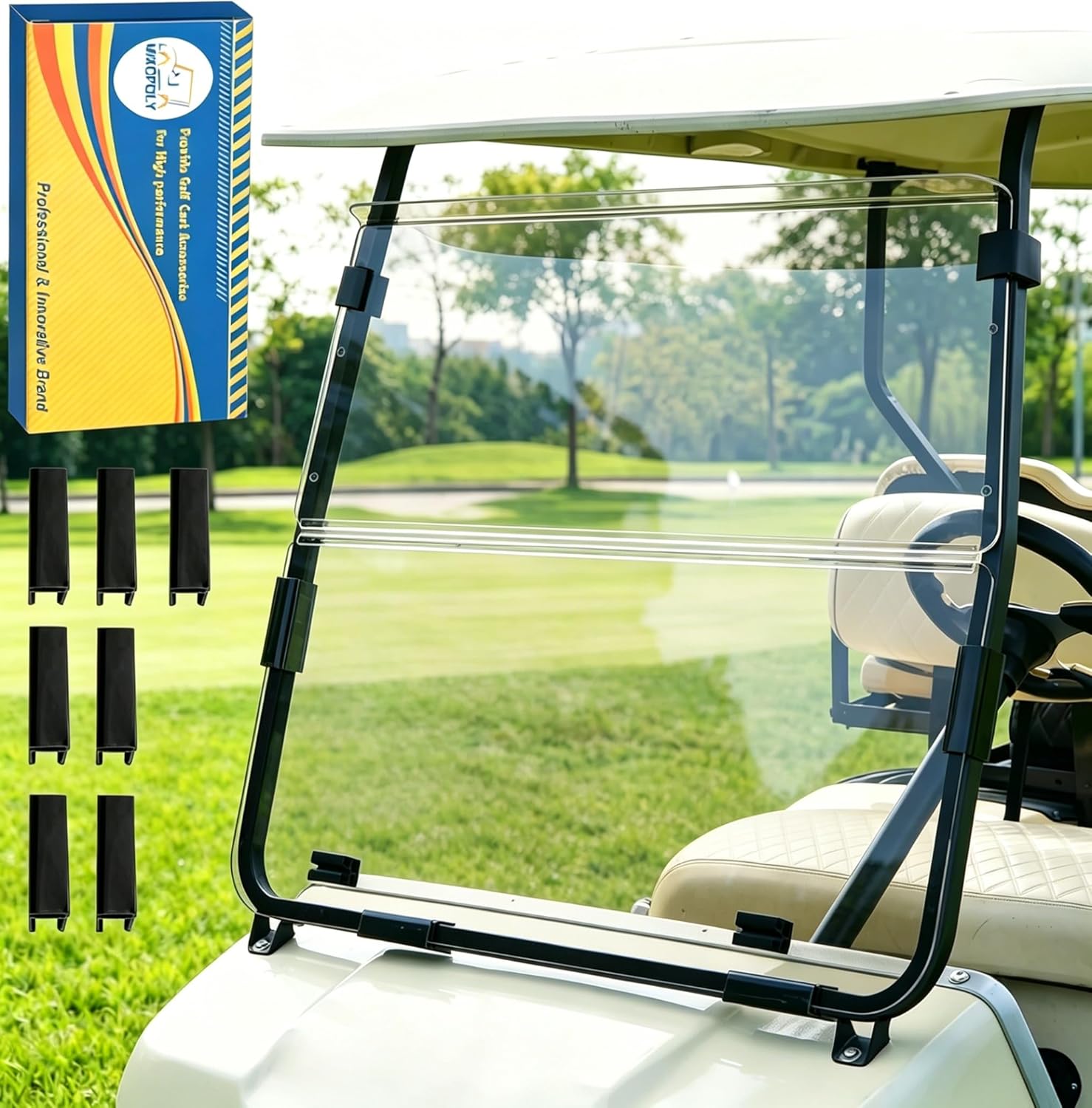 Golf Cart Windshield for Club Car DS 1982-2000, 3/16" Thick Foldable Clear Acrylic, Anti-UV, Impact Resistant & Waterproof, For All-Weather Driving Comfort