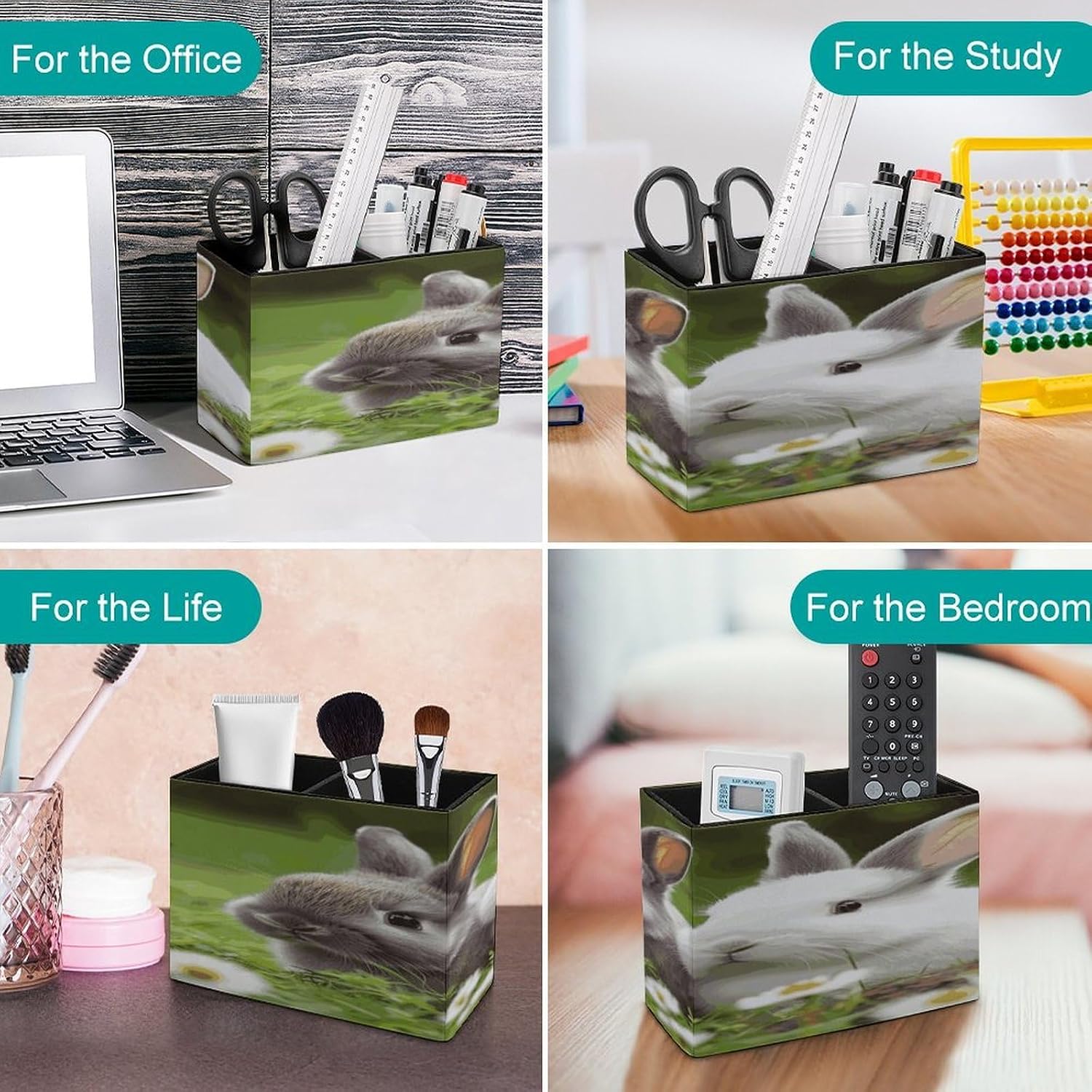 Two Little Cute Rabbits Pen Holder Double Compartments Pen Cup Fashion Makeup Brush Holders Leather Pencil Holder for Work Locker Accessories Modern Pencil Cup for Desk Organizer image 4