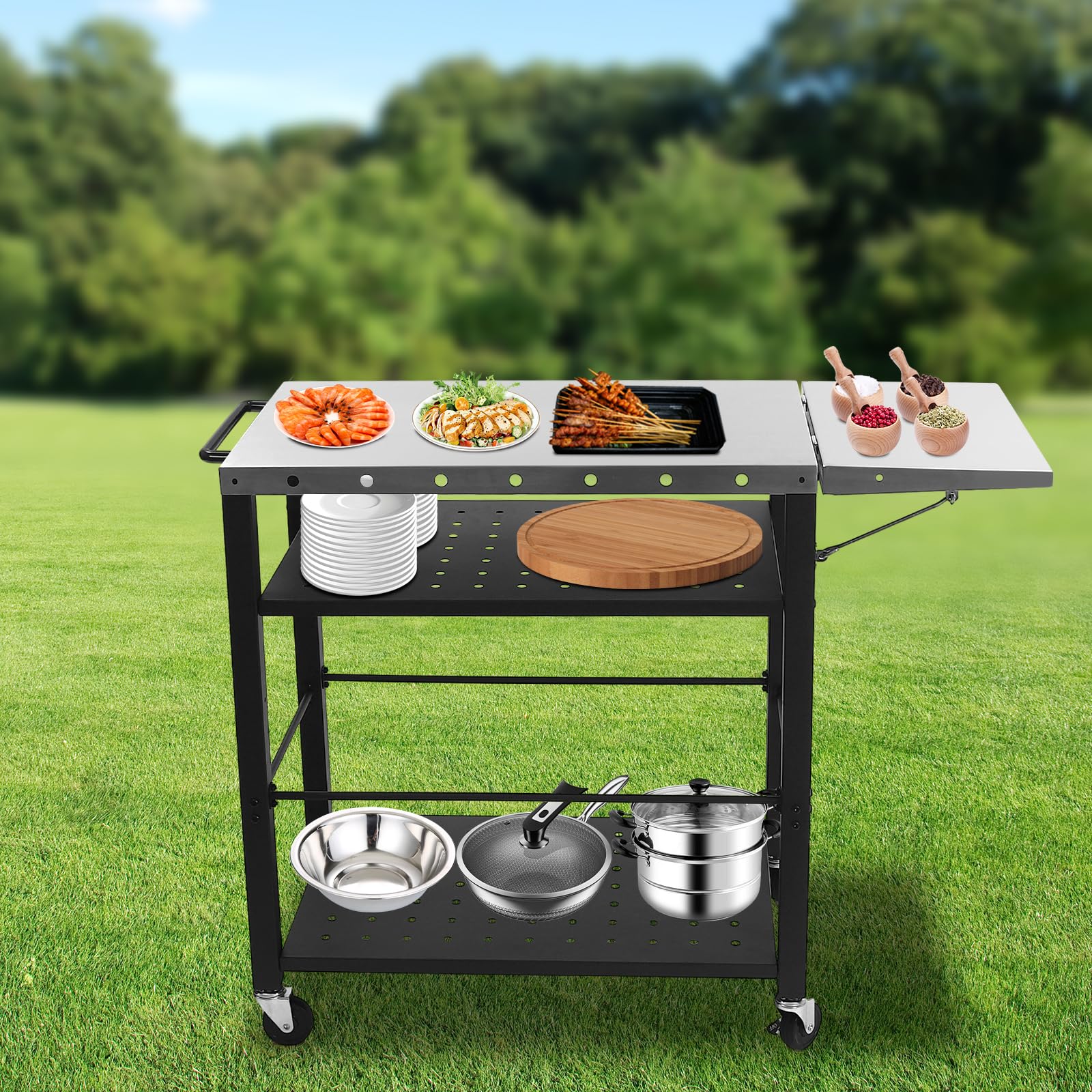 Mesa de barbacoa portátil para exteriores, barbacoa, mesa auxiliar, jardín, plegable, carrito de servir, carrito de acero inoxidable, mesa de barbacoa multifuncional con ruedas para terraza