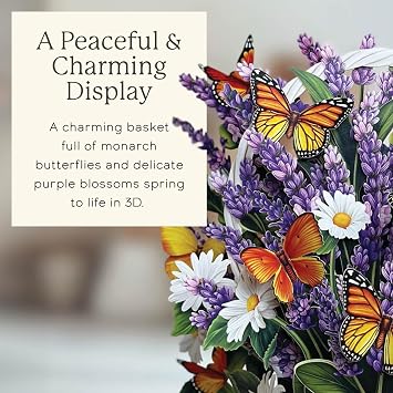 Freshcut Paper Pop Up Cards, Lavender & Butterflies, 12 Inch Life Sized Forever Flower Bouquet 3D Popup Greeting Card, Birthday & Thank You Card, Blank Notecard & Envelope