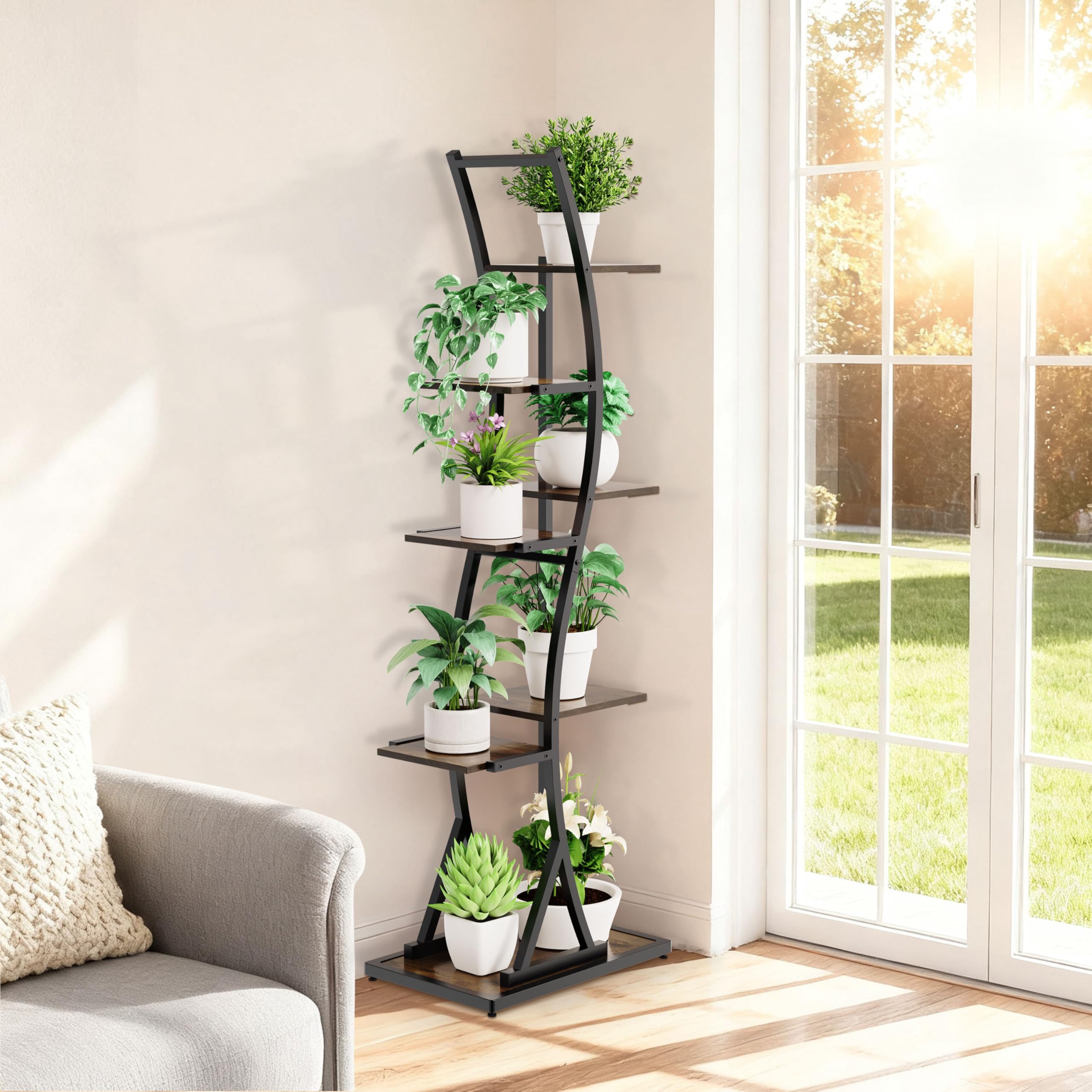 Ribelli 7-stufiger Metall-Pflanzenständer 160cm, Wellenförmiges Pflanzenregal mit Kippschutz, Hoch Blumenständer Pflanzentreppe Blumentopfständer für Balkon Wohnzimmer