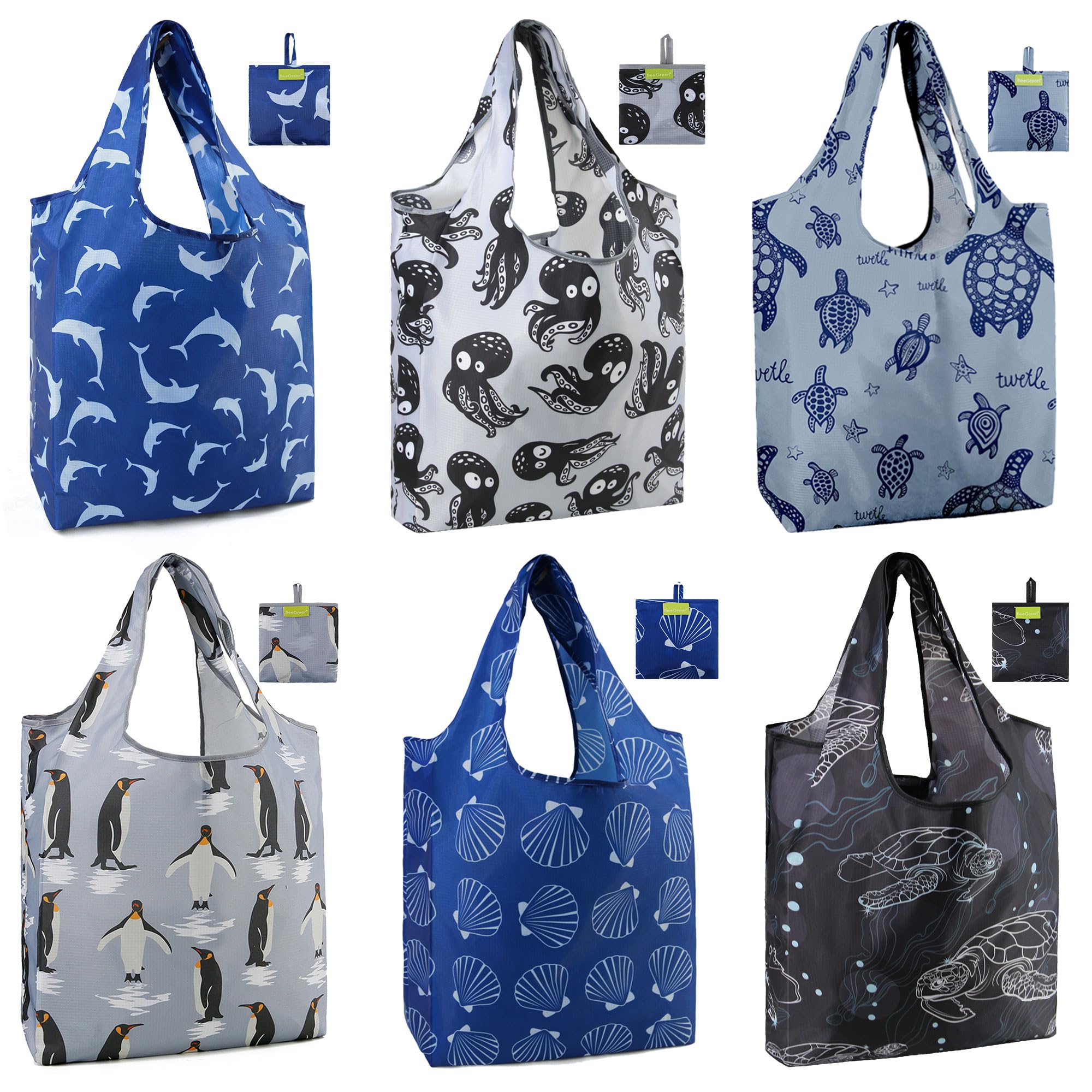 BeeGreen Animal Reusable Shopping Bags Cute Grocery Bag 6 Pack, Christmas Gift Bags Heavy-Duty Foldable Shopping Totes for Supermarket, Work & Travel, Large Washable Polyester Tote Bag with Handles