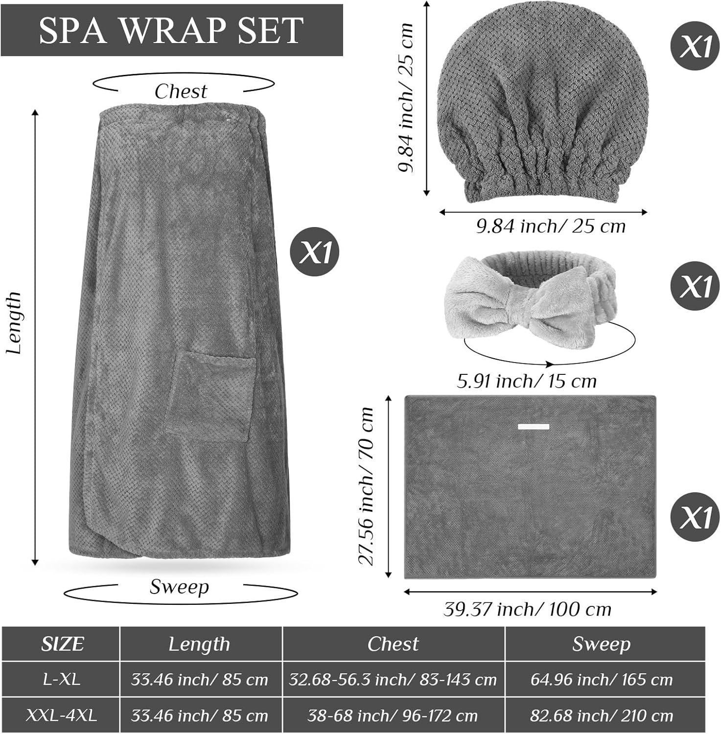 Tigeen Plus Size Towel Wrap for Women Spa Robe Set with Shower Hair Drying Turban Cap Towel Headband Adjustable Bathrobe - Image 2