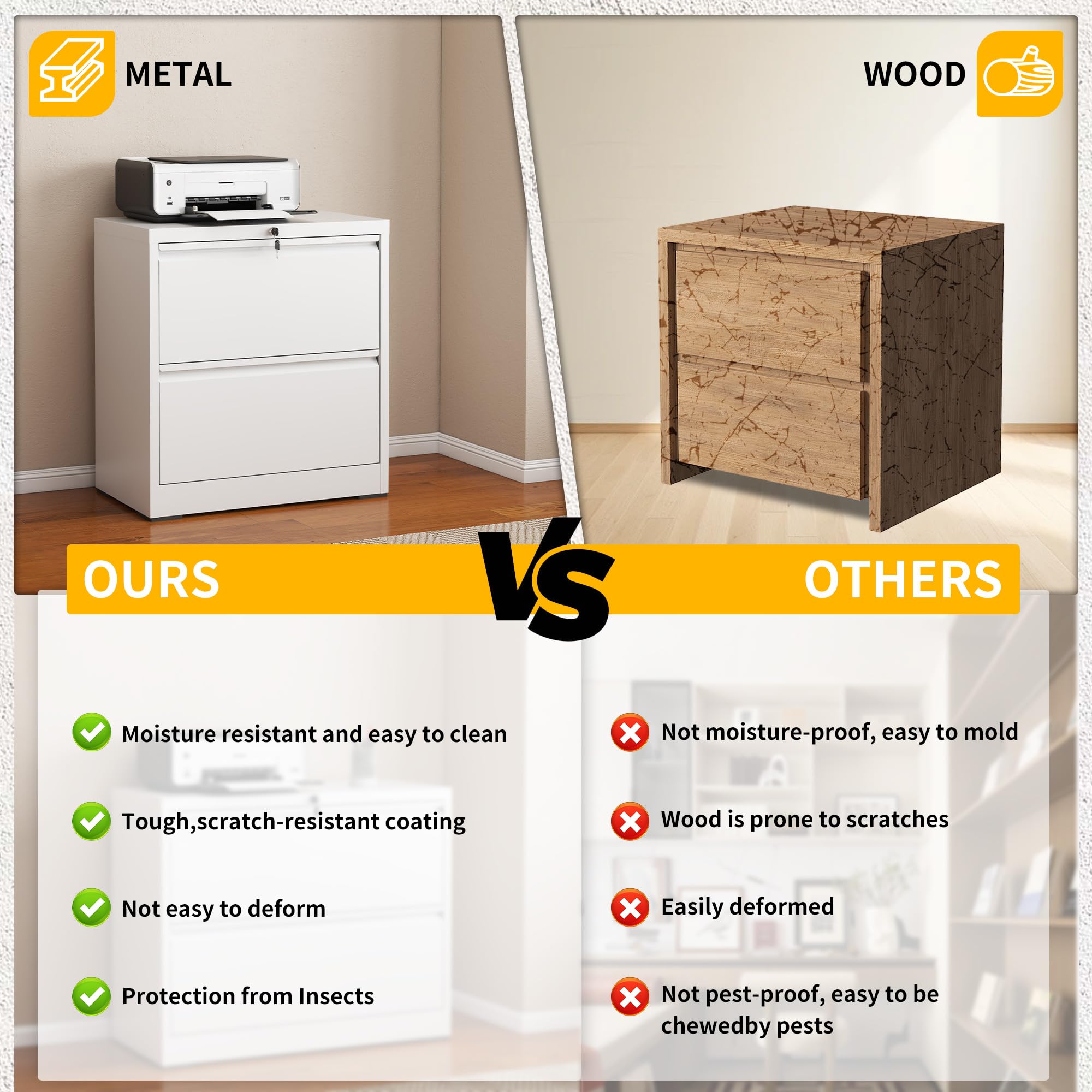 File Cabinet with Lock, 2 Drawer Filing Cabinets for Home Office, Metal Heavy Duty Lateral File Cabinet for Hanging Letter/Legal/F4/A4 Size Files, Assembly Required (White)