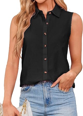 Cotton Linen Sleeveless Button Down Shirts Women Collared Tops