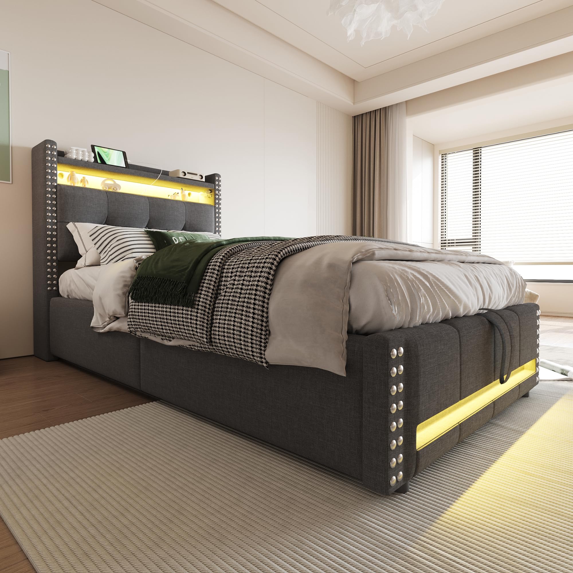Rtopsu Kinderbett Polsterbett 90x200 cm, Jugendbett mit LED Beleuchtung und USB C, Einzelbett Stauraumbett mit Hydraulisch Stauraum, Bett Bettgestell mit Lattenrost aus Holz, Grau, Ohne Matratze