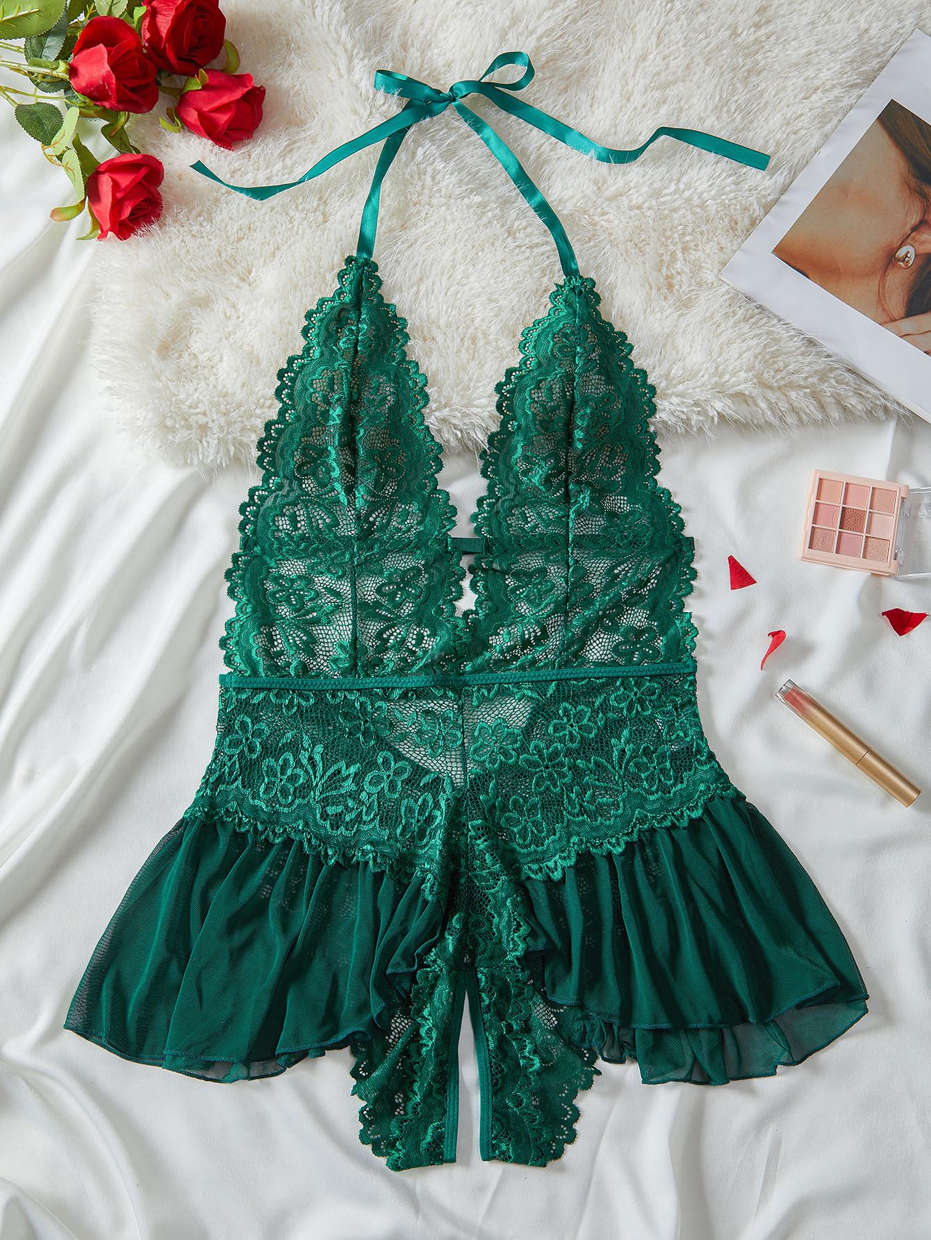 WBDWWTD Nuisette Sexy pour Femme en Dentelle Florale - Body Dos Nu en V Profond - Une pièce Dos Nu - Chemise de Nuit Creuse - Jupe en Maille - Patchwork - Chemise de Nuit pour Femme pour la