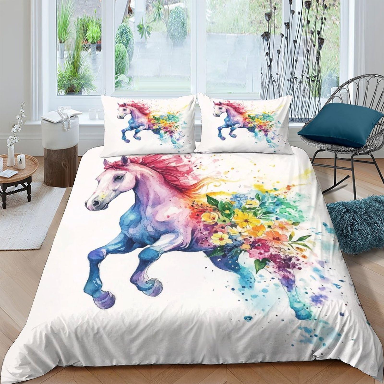 Ctjqhvkz Style-8 3D Printed Watercolor Unicorn Fitted Sheet Microfiber Soft Anti-Slip Rainbow Horse Mattress Cover Machine Washable Decor Single（135X200cm）