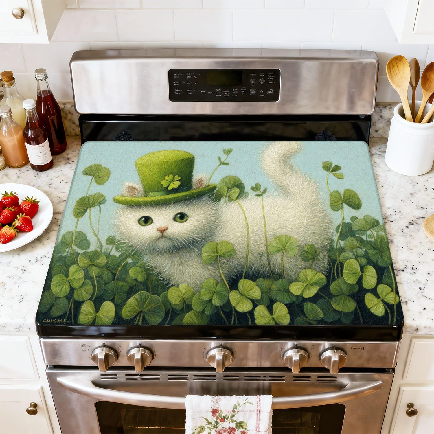 Stove Top Cover for Electric Stove Cute Fluffy Cat Hat Surrounded by Green Clovers Heat Resistant Glass Cooktop Protector Flat Top Oven Cover Mat Prevent Scratching 28" x 20"