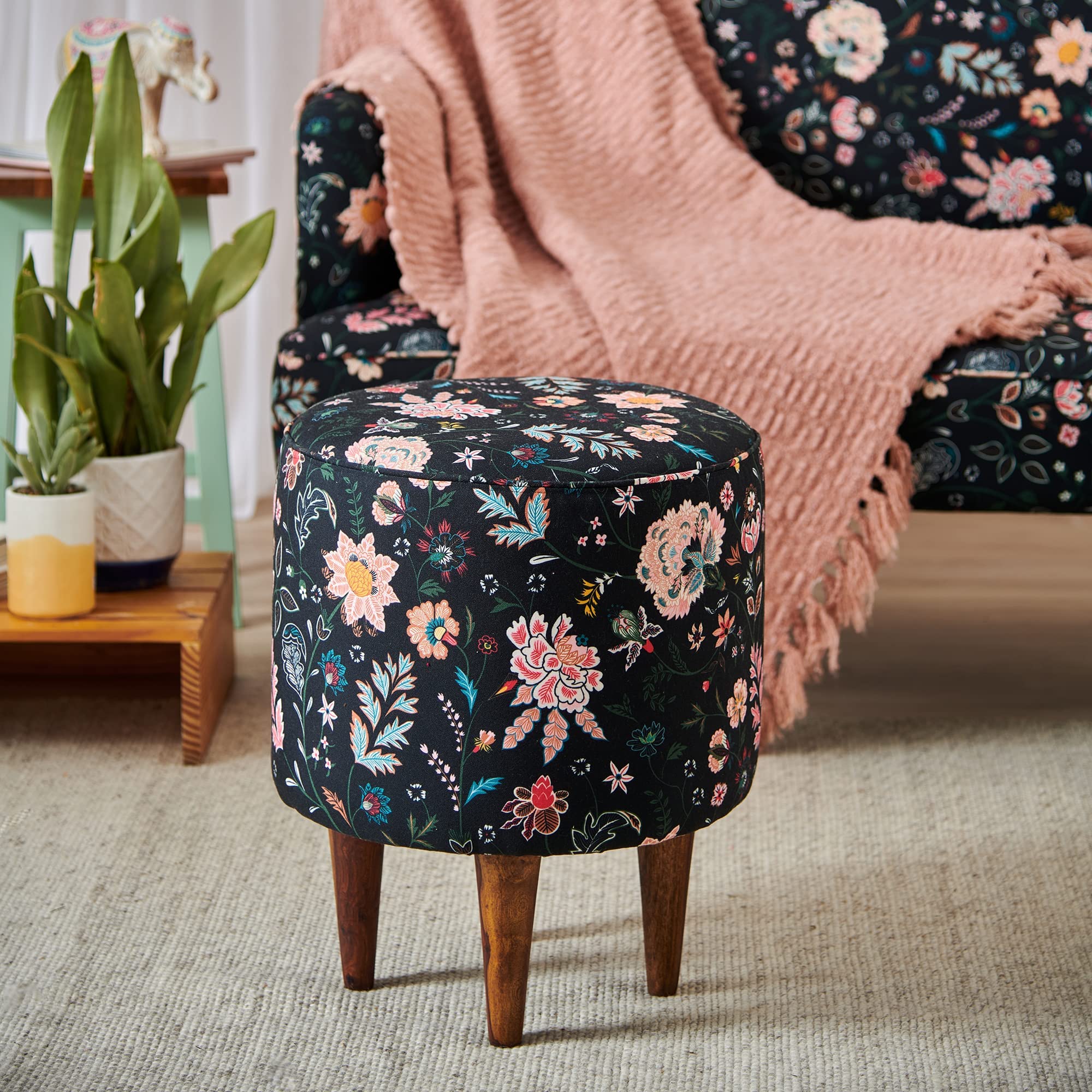 Chumbak French Pouffe - Bohemian Palampore (1 Seater Pouffe, Sheesham Wood, Black)-image-2