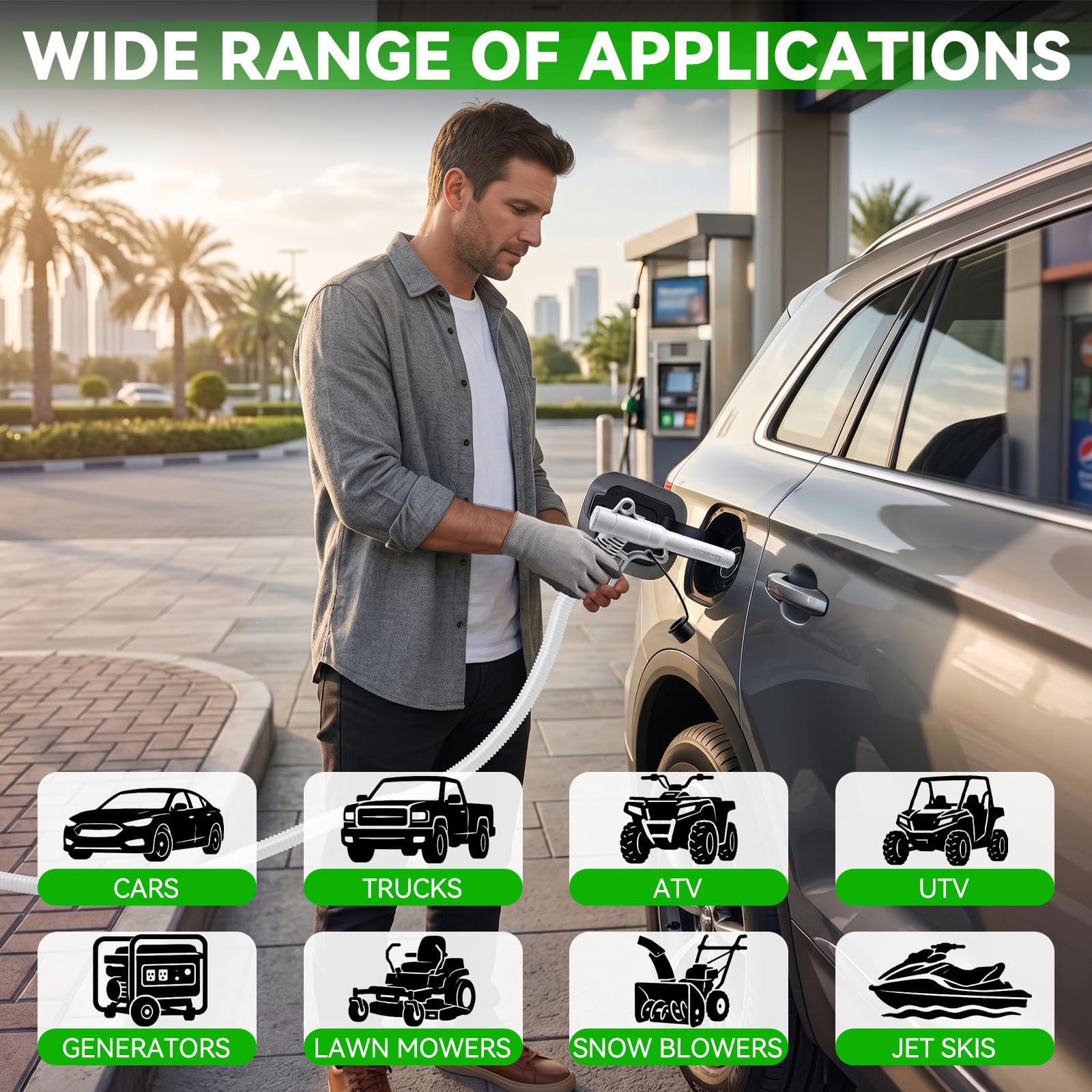 Pompa di Trasferimento Carburante Auto Arresto,12 L/min | Doppia Alimentazione USB-C/AA,Ingresso Olio da 28 mm,Cavo di ricarica USB,Pieghevole,Tubo da 130 cm,Regolazione,3,2 GPM