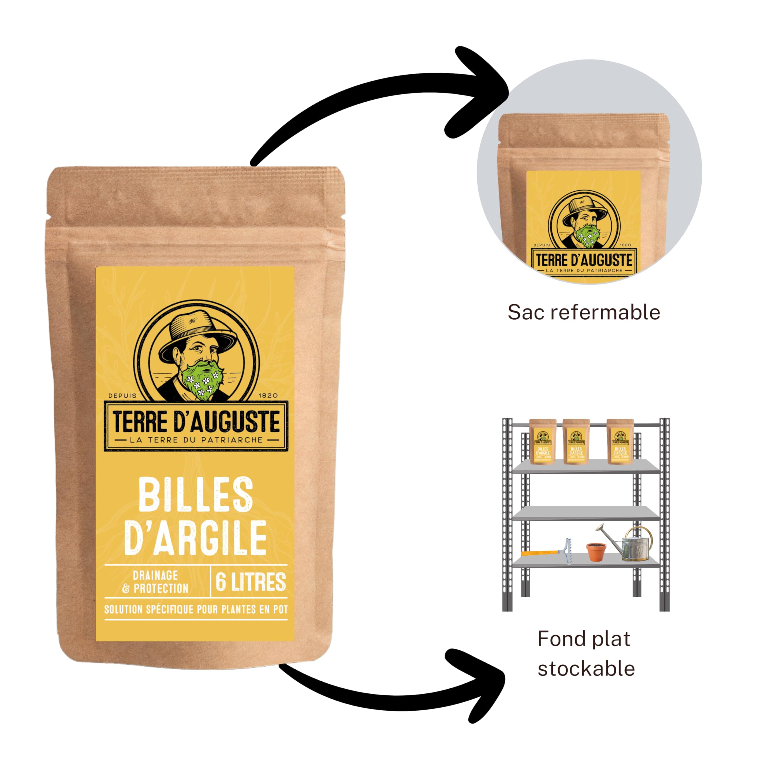 Terre d'Auguste - Billes d'argile Premium 6L - Sac Refermable - Idéal pour Plantes Vertes, Orchidées, Bonsaïs, Cactus et Plantes d'intérieur