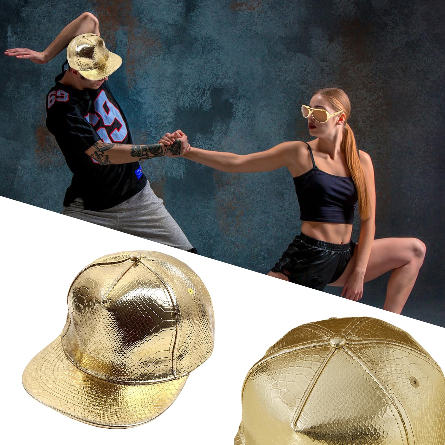 HAICN 2Pieces Hip-Hop Costume Outfit Baseball Gold Cap Sunglasses Rapper Fancy Dress Accessories for Women Men Hippie Party Supplies - Image 4