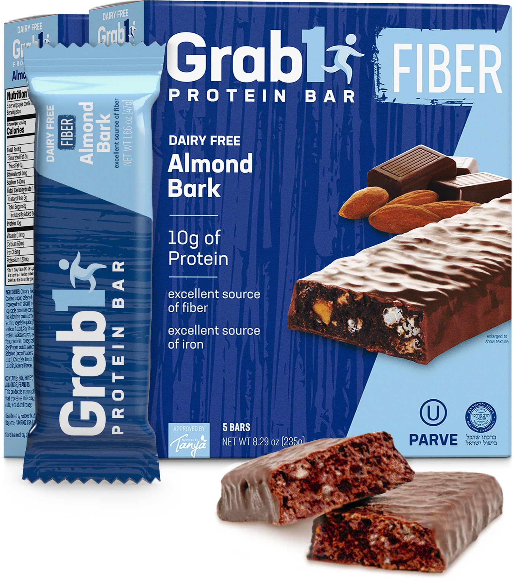 "High Fiber" Dairy Free Protein Bars | 9 Grams Fiber | 10 Grams Protein | Almond Bark Flavor (2 Pack - 10 Bars) | Controls Hunger | Low Calorie | Lower Net Carbs | Certified Kosher | Perfect for Snacking