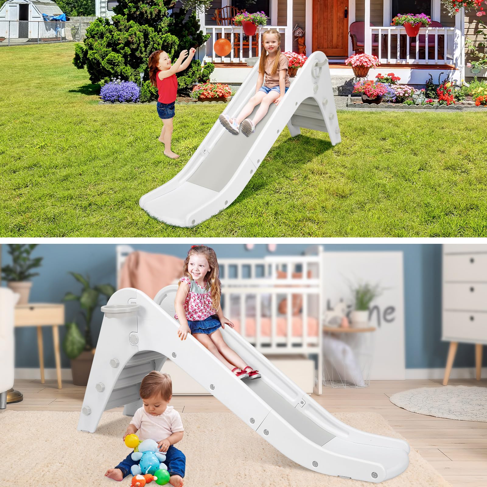 MAMIZO Zabawna zjeżdżalnia dla dzieci, z koszem do koszykówki, mała zjeżdżalnia dla dzieci na 2 lata, zjeżdżalnia dla niemowląt, zjeżdżalnia ogrodowa do 25 kg (szaro-biała), 190 x 87,5 x 45 cm, (Ht23)