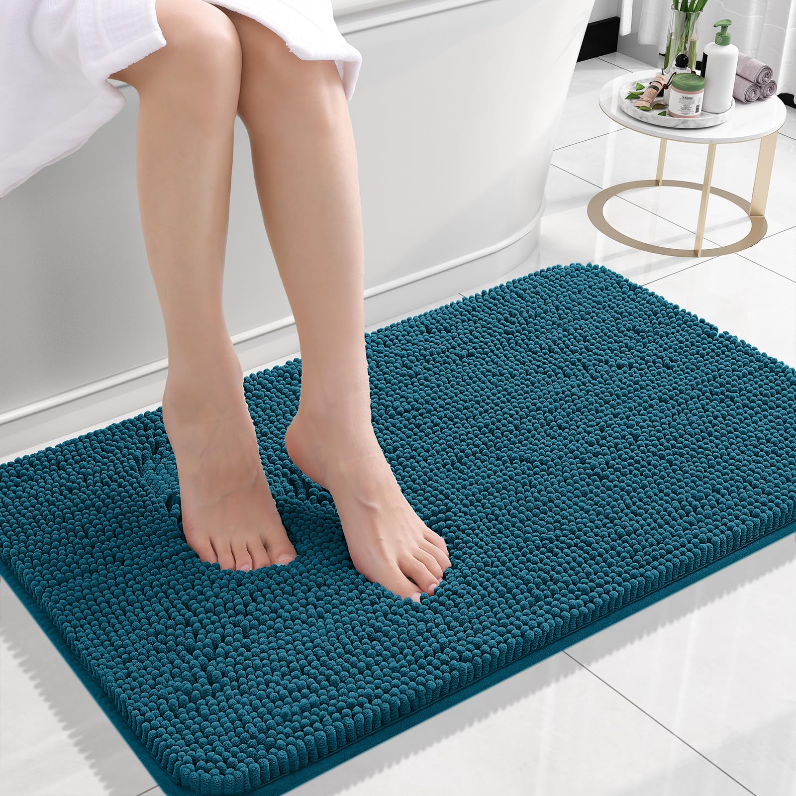 OLANLY Small Bathroom Rugs 24x16, Extra Soft Absorbent Chenille Bath Rugs | Peacock Blue, Quick-Drying Rubber Backing, Washable Bath Mat for Bathroom Floor, Tub and Shower, Home Decor Accessories