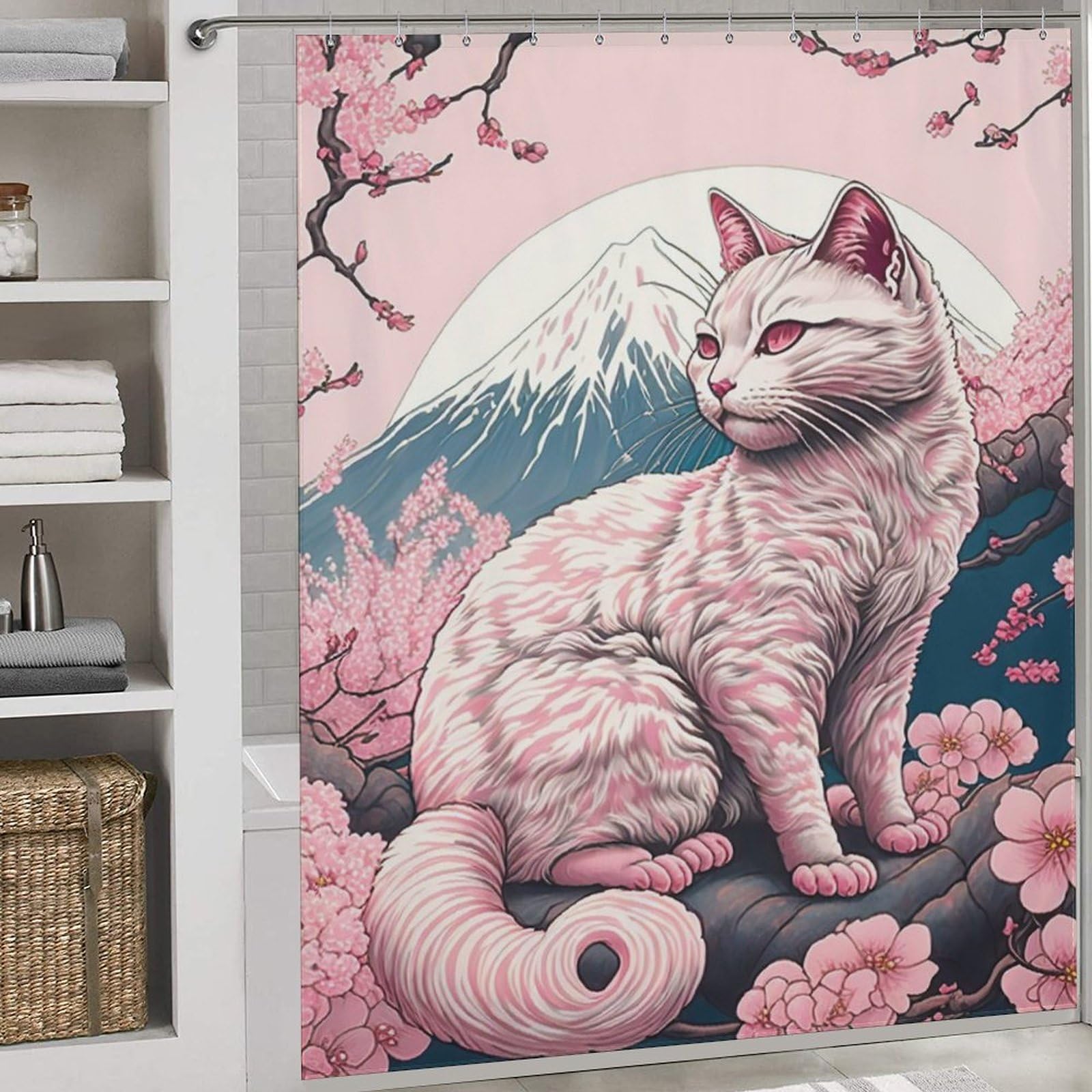 Rideau de douche chat en polyester impermeable 183x183 cm avec crochets