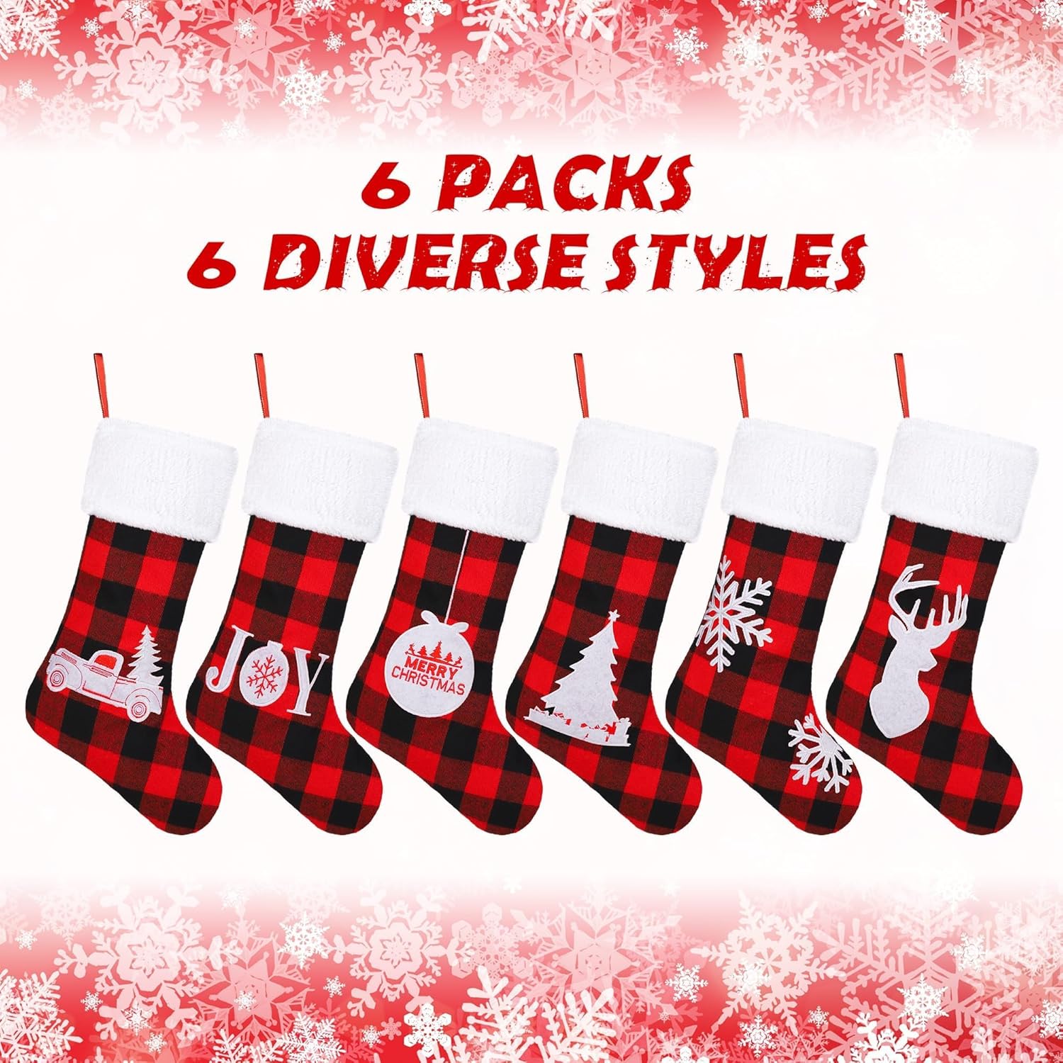 Aodaer 6 Pack Red and Black Christmas Stockings with Embroidered Pattern Plush Cuff 18 Inch Large Buffalo Plaid Hanging Stockings with Reindeer Snowflake Pattern for Family Holiday Xmas Decorations