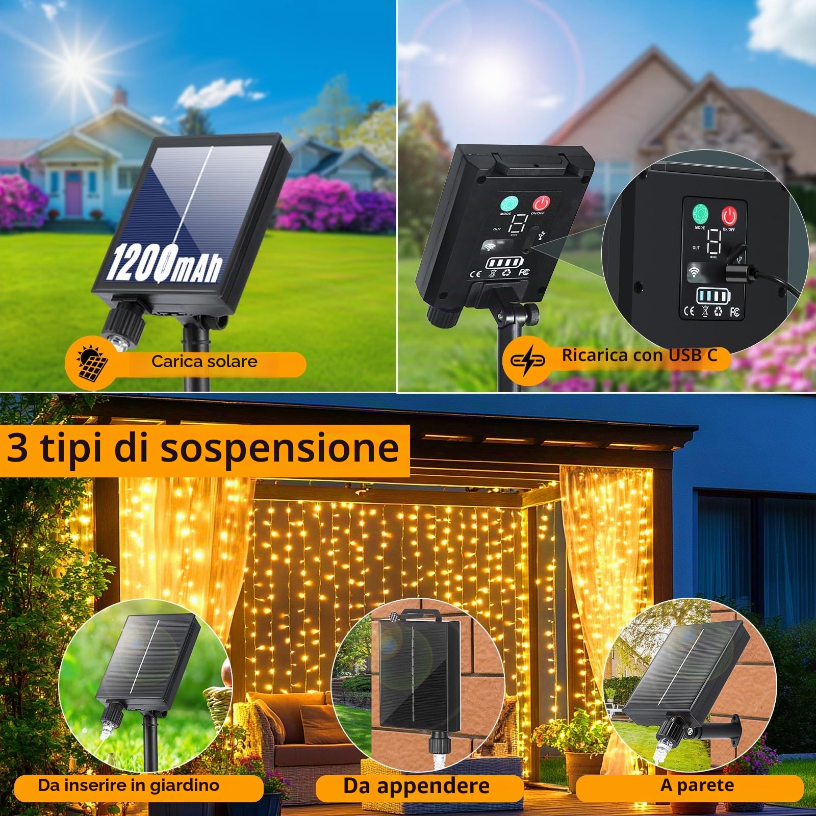 1200mAh Solare Tenda Luminosa Natale Esterno Interno, 6x3M 600LED Impermeabile con 8 Modalità, Timer e Memoria, IP65