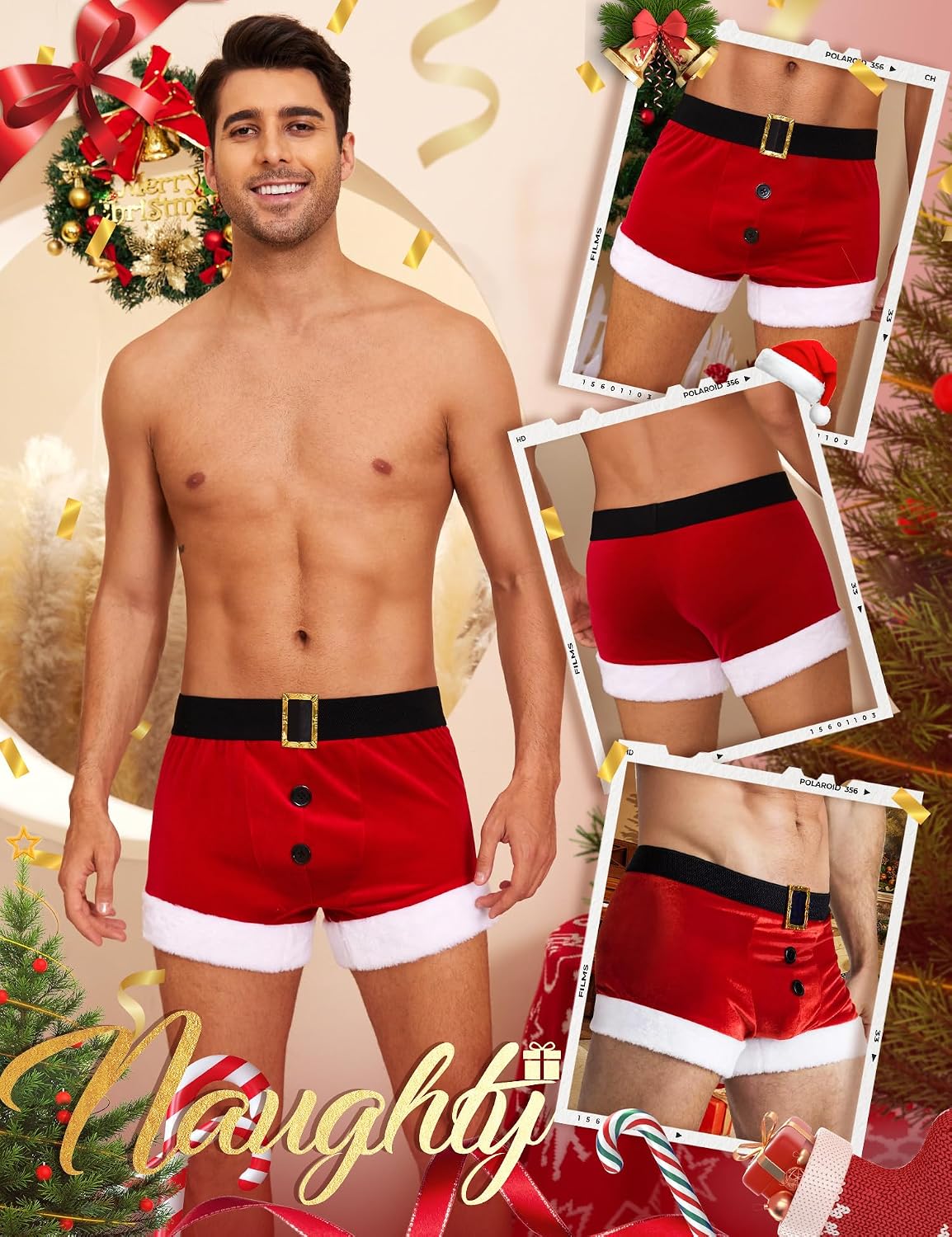 RSLOVE Men's Christmas Lingerie Set Sexy Santa Outfits 2PCS Red Boxers Holiday Briefs Underwear With Hat