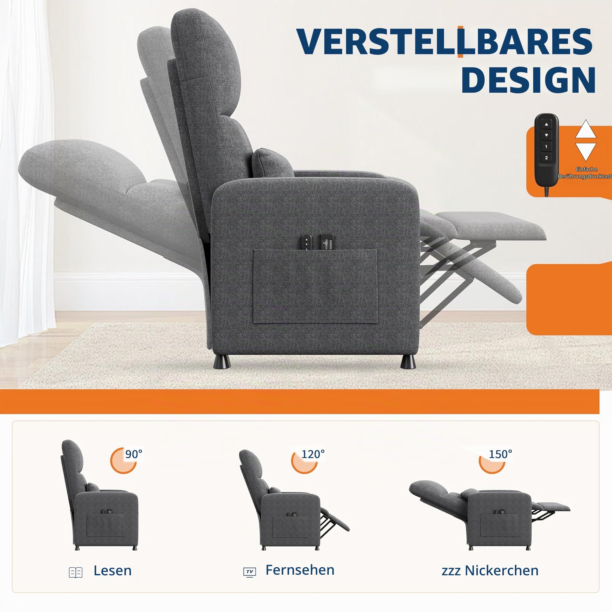 Garvee Elektrisch Verstellbarer Fernsehsessel, Relaxsessel mit Massagefunktion, Wärme, Verstellbarer Fußstütze und Einzelsofa, geeignet für Wohnzimmer, Schlafzimmer oder Büro