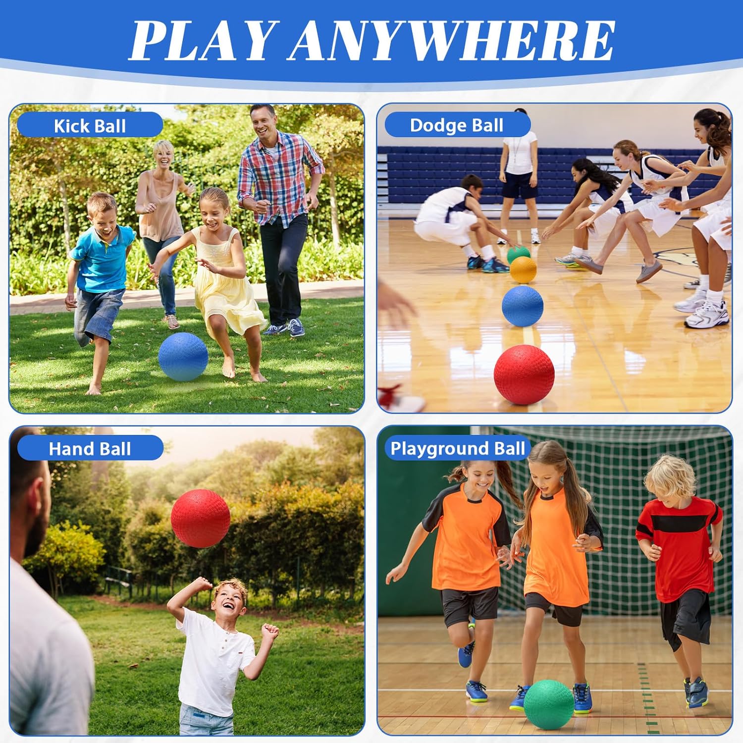 4 Pack Playground Balls for Kids, 8.5 Inch Kickballs with Pump – Durable Grip Balls for Dodgeball, Kickball, Handball, Recess, Gym Class & Outdoor Backyard Games